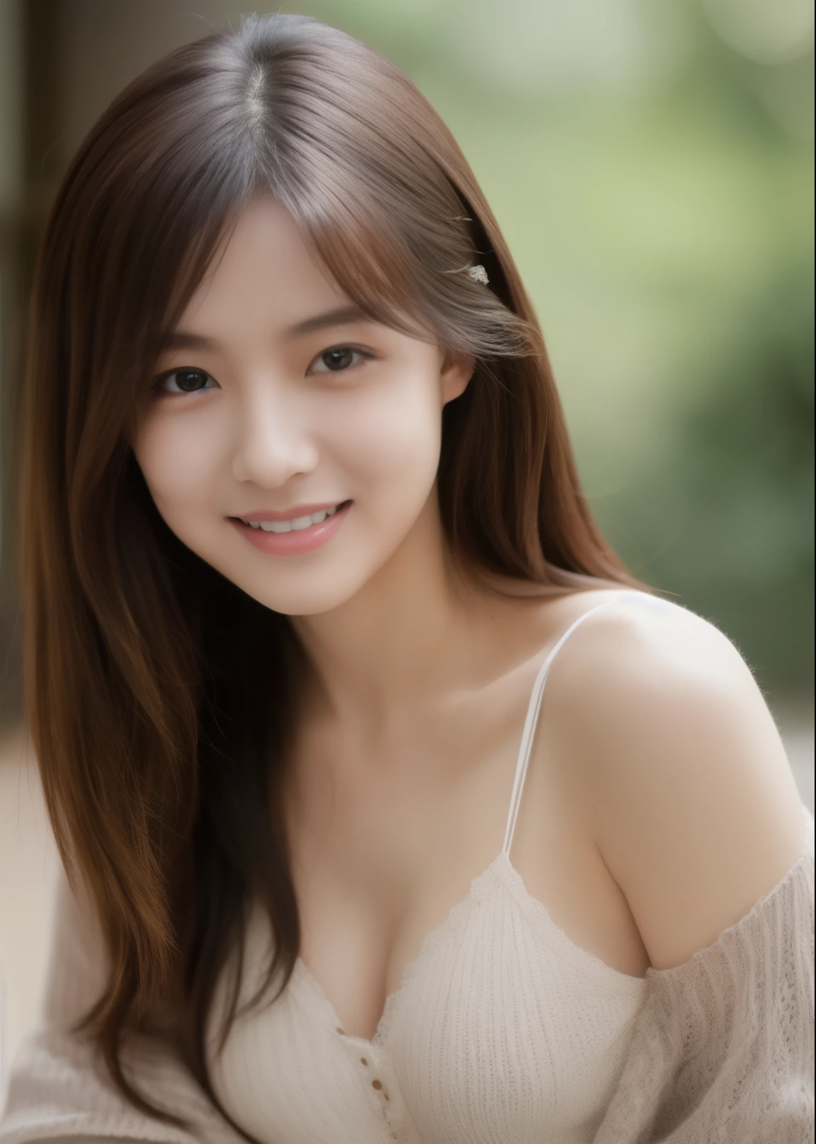 Beautiful 26 years old woman。she is wearing a camisole。Lace on the chest and hem.。She looks ecstatic as if she had an orgasm during sex..。her dark brown hair、、her hair is long。High resolution、masterpiece、highest quality、Head w:1.0、((Hasselblad Photos))、fine skin、fine knit、(movie lighting)、clavicle . she is smiling.