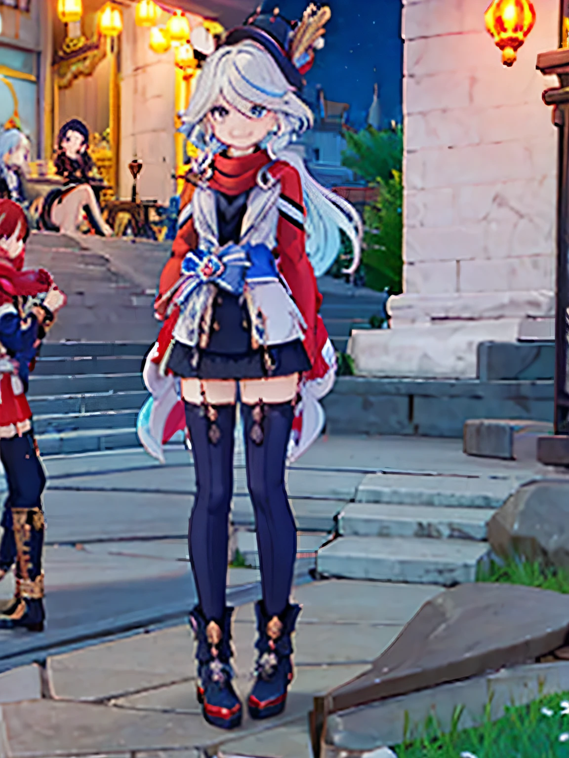 girl，long white hair，Red hair clip，blue pupils，Smile，(((red scarf)))，Put on a red coat outside，Wear a black shirt underneath,((full-body shot))。background：(Spring Festival)，night，festive。