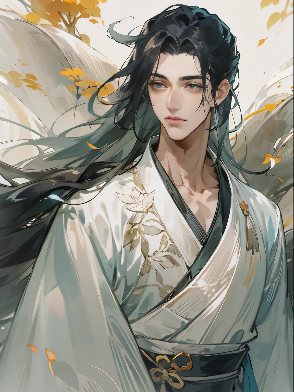 ,flowing sleeves,Big watery eyes and long eyelashes,Smooth and fair skin,delicate face,Clean long black hair,Handsome guy in ancient China,Wearing ancient Chinese costumes,flowing tulle,light tone,light tone,(clean background),ink painting style,clean colors,Decisive cuts,space,unarmed,masterpiece, Super exquisite,epic work,high quality,best quality,4K, Rendering a glow,Bright contrasting colors mission accomplished,Half body