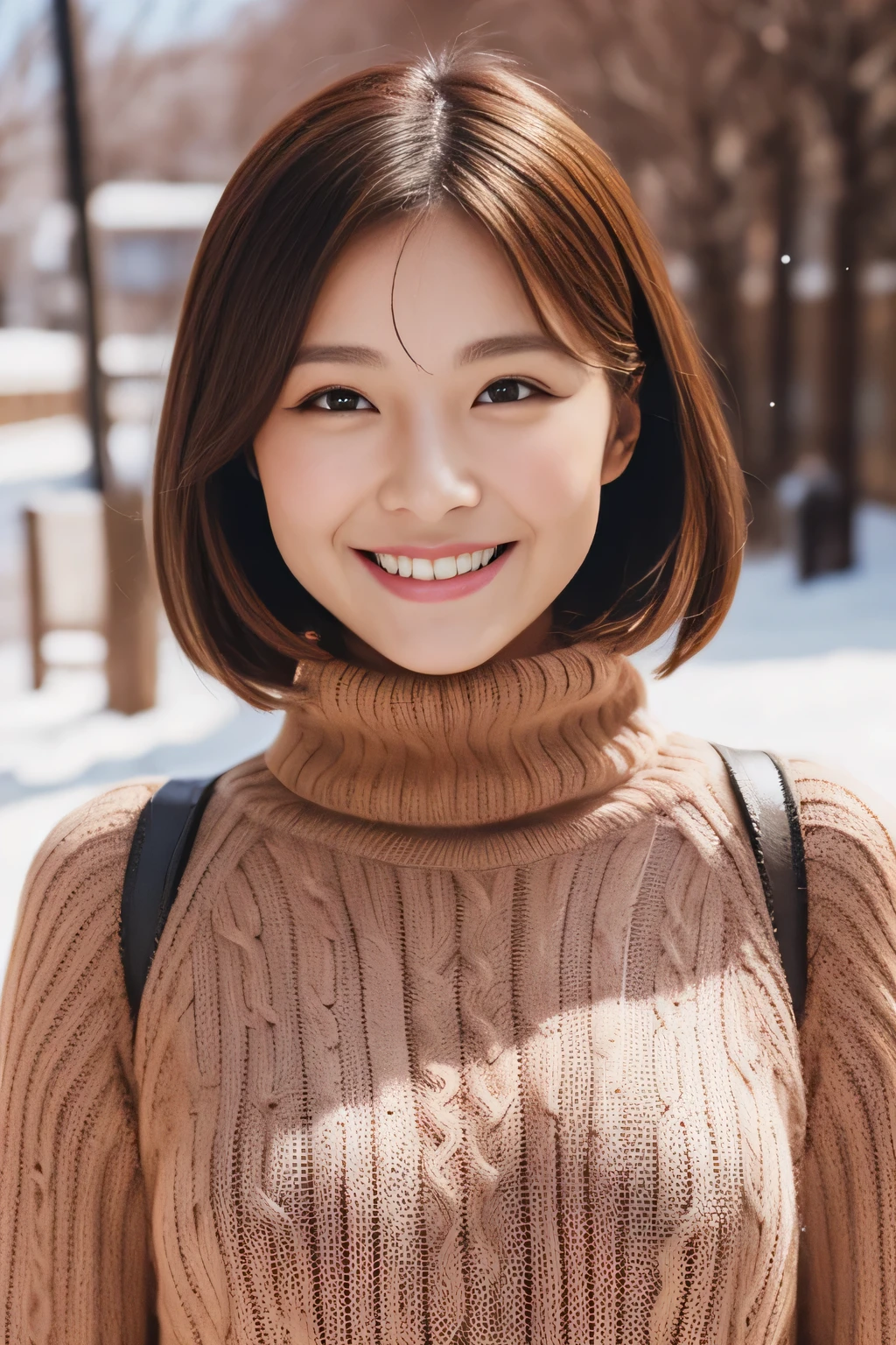 Hostess Face、turtleneck wool sweater、high quality、surreal、healthy、smile、Perfect slender figure、beauty of japan、 perfect eyes、beautiful skin、Upper body、Snow Town