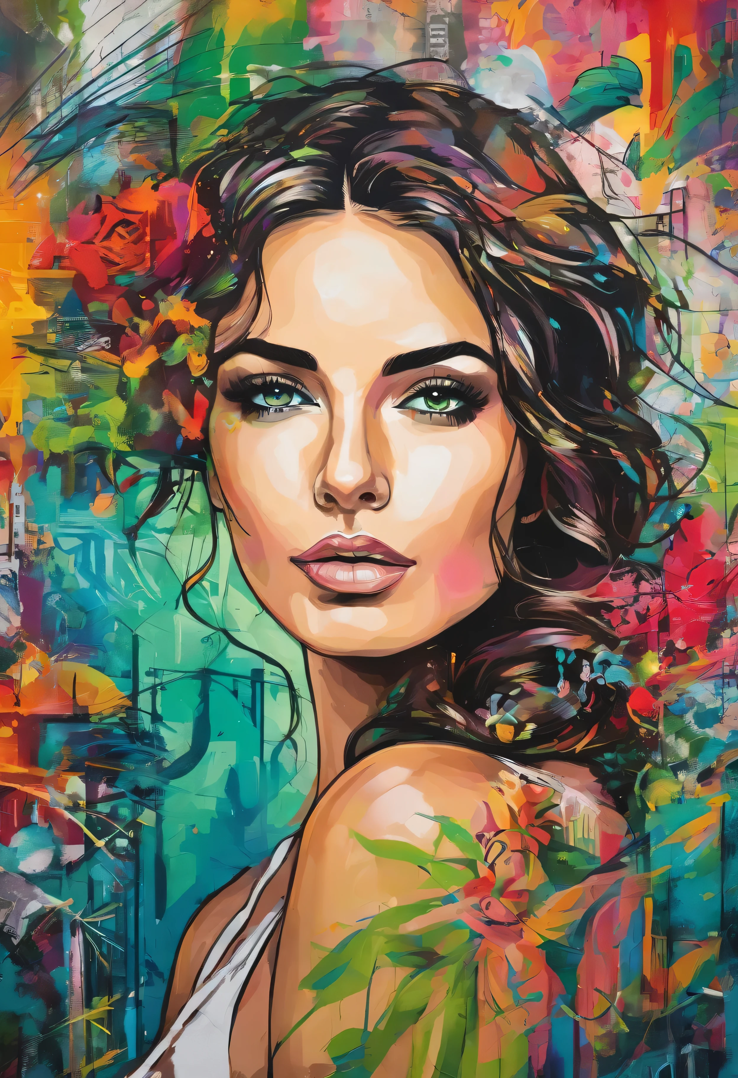 "close up, portrait of a young Italian woman, hyper realistic, detailed face, The image should draw inspiration from the freshness of olives, , the vitality of gin, the mysterious nature of night, and the joy of life." set against a dynamic and colorful backdrop. The background should be abstract and vibrant, colours of green, incorporating various shapes and patterns to create an artistic atmosphere."