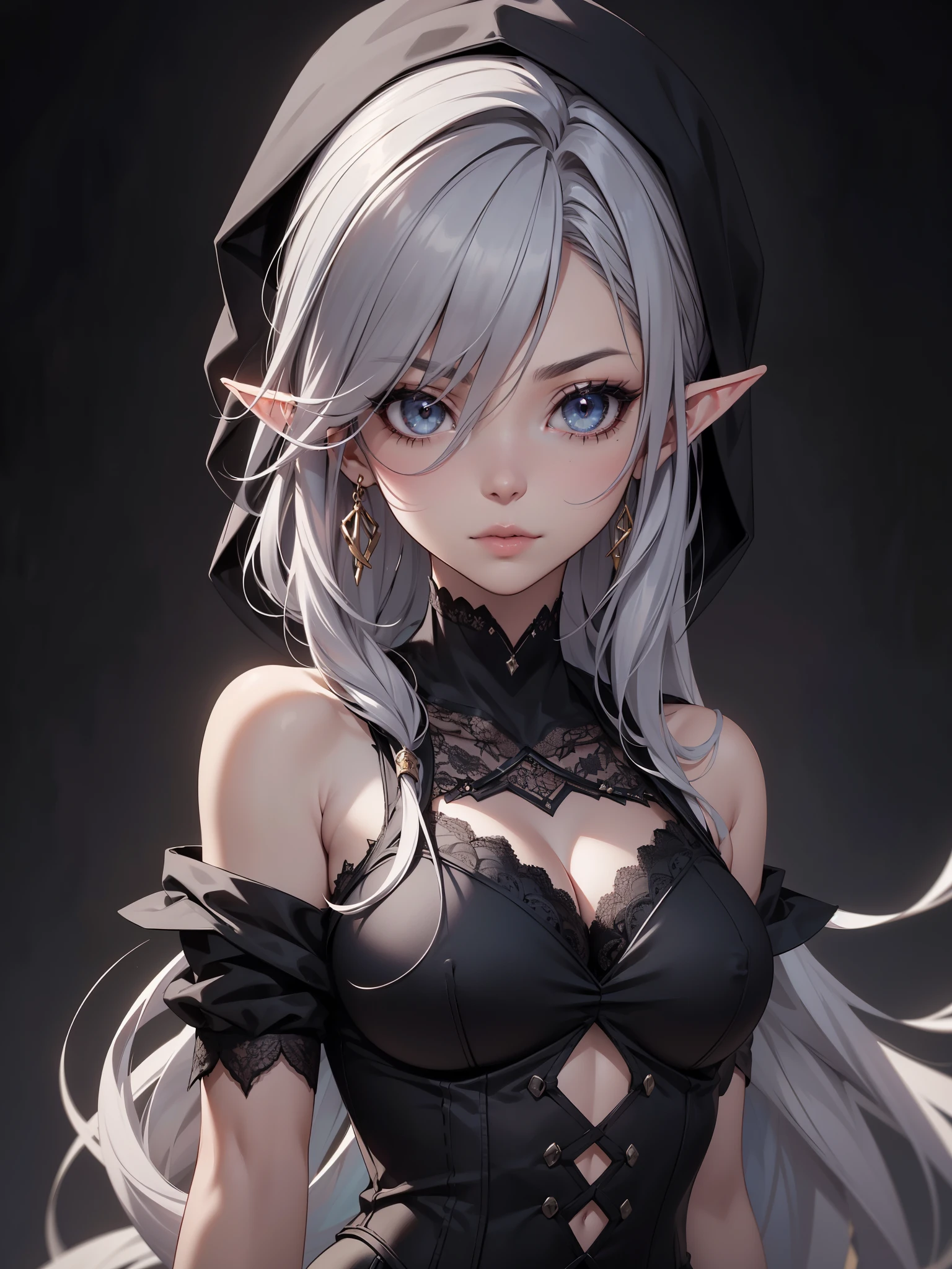 White elf girl, medium grey hair color, very long flowing hair, grey eye color, small eyes, realistic human eye shape, round eye shape, eyeliner, realistic face shape. black lace low cut lace shirt, portrait, wearing a black hood, black background, chest showing, NSFW, Depth of Field. looking at camera, dreamy look detailed eyes, detailed face, detailed skin, Ultra Detailed, Beautiful and Aesthetic, Masterpiece, Best Quality, shoulders showing. lace fabric, round chin shape. wearing black hood over hair. showing full upper body and face. wearing a black hood. hips showing, alot of flairs in background, zoomed out. full body showing. hips exposed, black and gold. Glowing