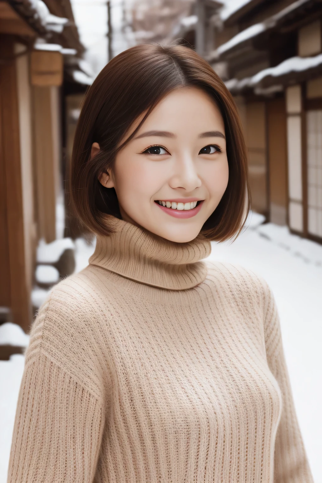 Hostess Face、turtleneck wool sweater、high quality、surreal、healthy、smile、Perfect slender figure、beauty of japan、 perfect eyes、beautiful skin、Upper body、Snow Town