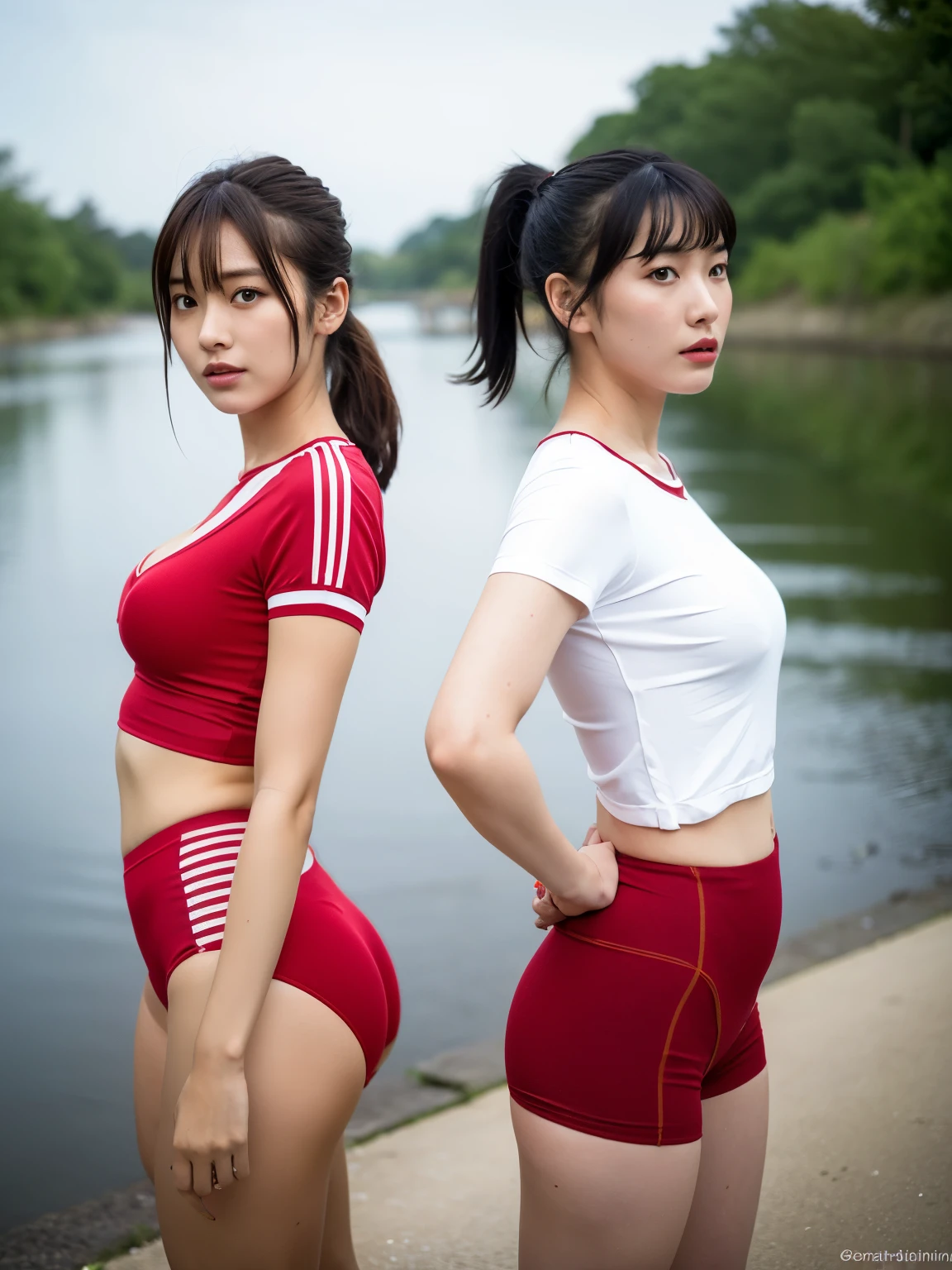 Two beautiful women standing on a riverside path,Speed-style dark red plain briefs,Plain white T-shirt with dark red trim,18-year-old,bangs,thighs,share,knees,short cut hair,ponytail,from below