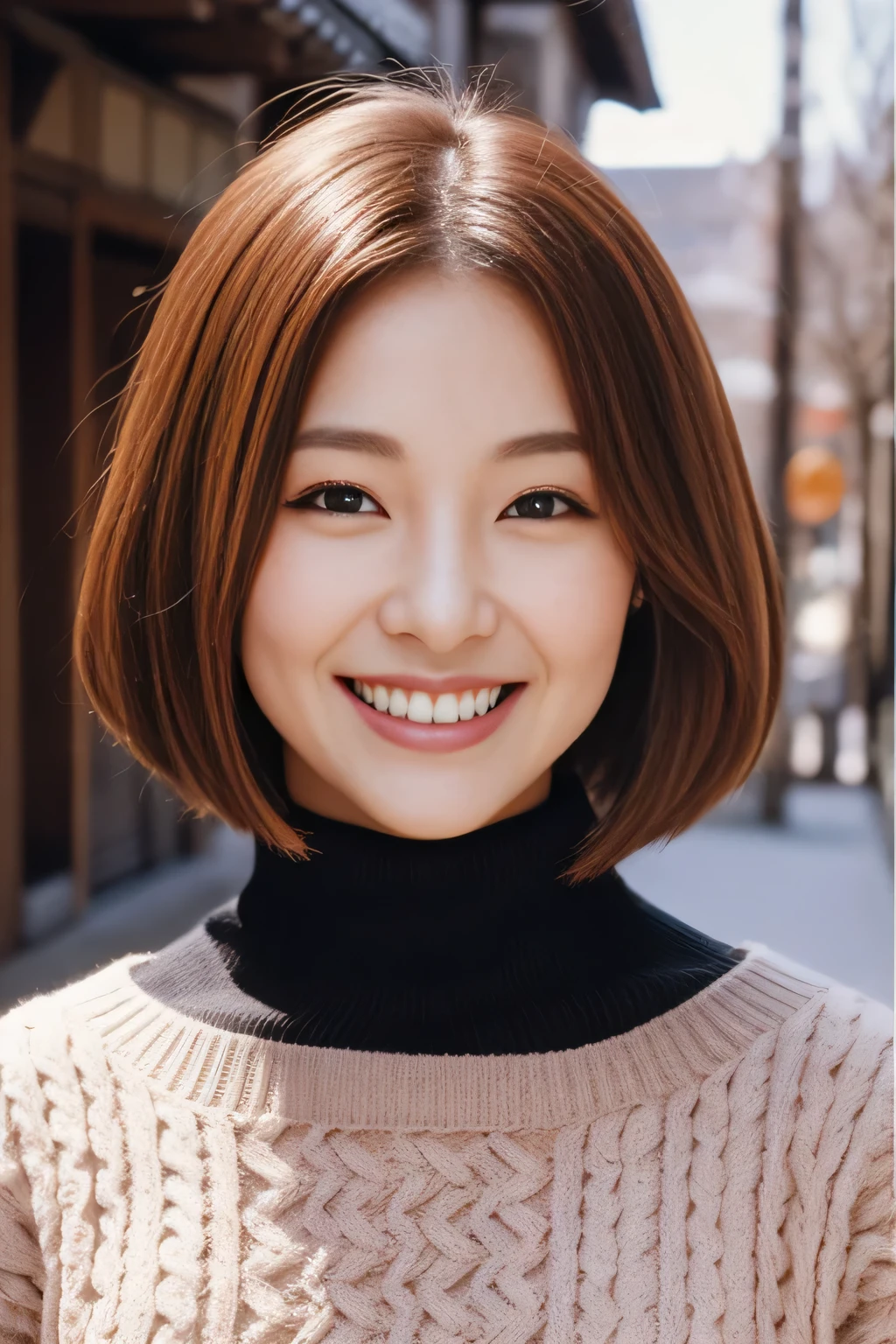 Hostess Face、turtleneck wool sweater、high quality、surreal、healthy、smile、Perfect slender figure、beauty of japan、 perfect eyes、beautiful skin、Upper body、Snow Town