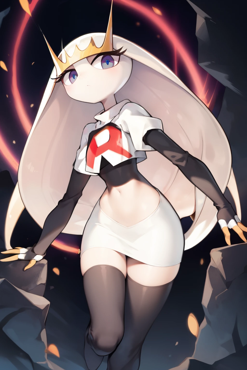 pheromosa, furry female, anthro, segmented body, long hair, solo, (best quality),dramatic lighting,  looking at viewer, 2 fingersteam rocket,team rocket uniform,white skirt,crop top,black thigh-highs,black elbow gloves
