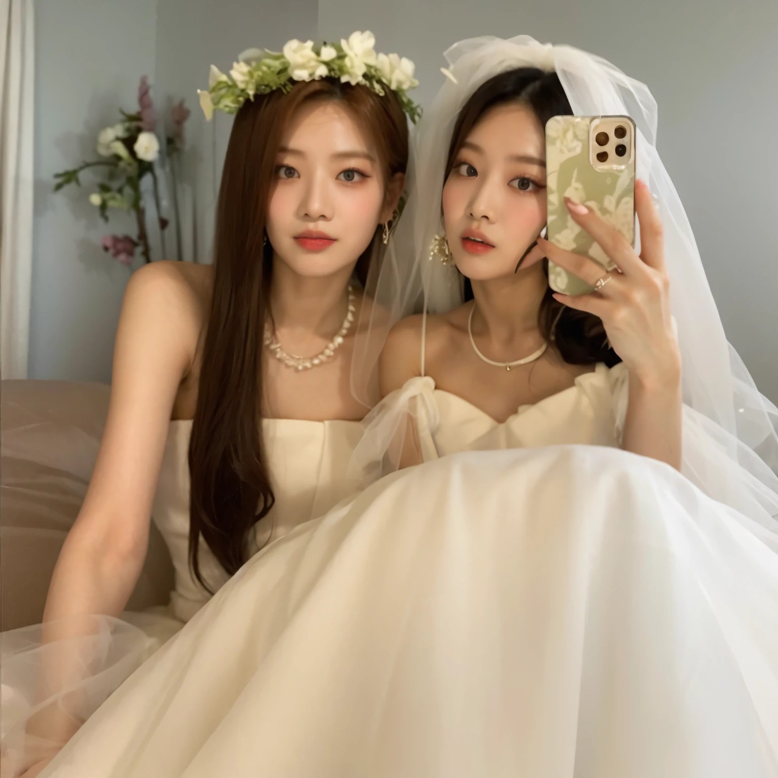 two women in wedding dresses taking a picture of themselves in a mirror, ulzzang, 🤬 🤮 💕 🎀, jaeyeon nam, with ivy, 💣 💥, taejune kim, wearing a wedding dress, jinyoung shin, 8k)), sha xi, white hime cut hairstyle, jia, profile picture, & jeehyung lee & wlop, kim doyoung