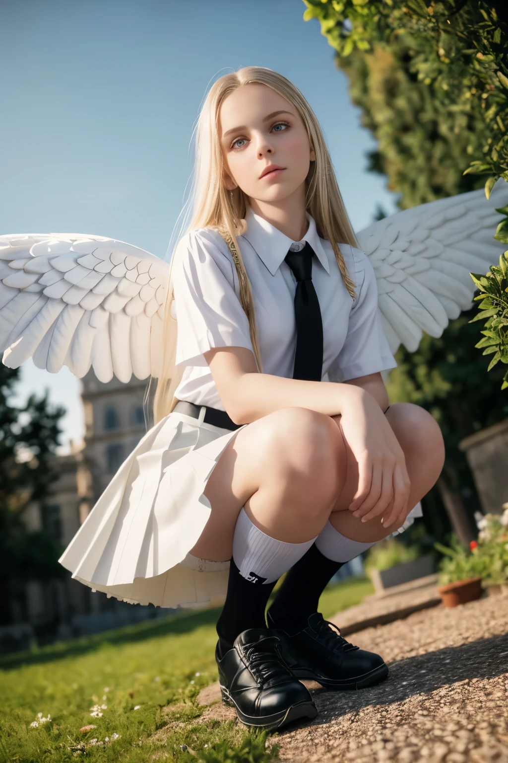masterpiece, best quality, hyperrealistic, cinematic photo, angel, with black wings, pale skin, italian amazing slim body, White blouse, black pleated skirt, white knee-high socks, school black shoes, long blonde hair, large legs, perfect hands, beautiful face, perfect face, youthful, (blured background), modern style, from below, (low-angle shoot), squatting, underskirt shoot, (view viewer), looking at viewer,(8k, epic composition, photorealistic, sharp focus), sophisticated background, garden background, DSLR, foil grain, backlight