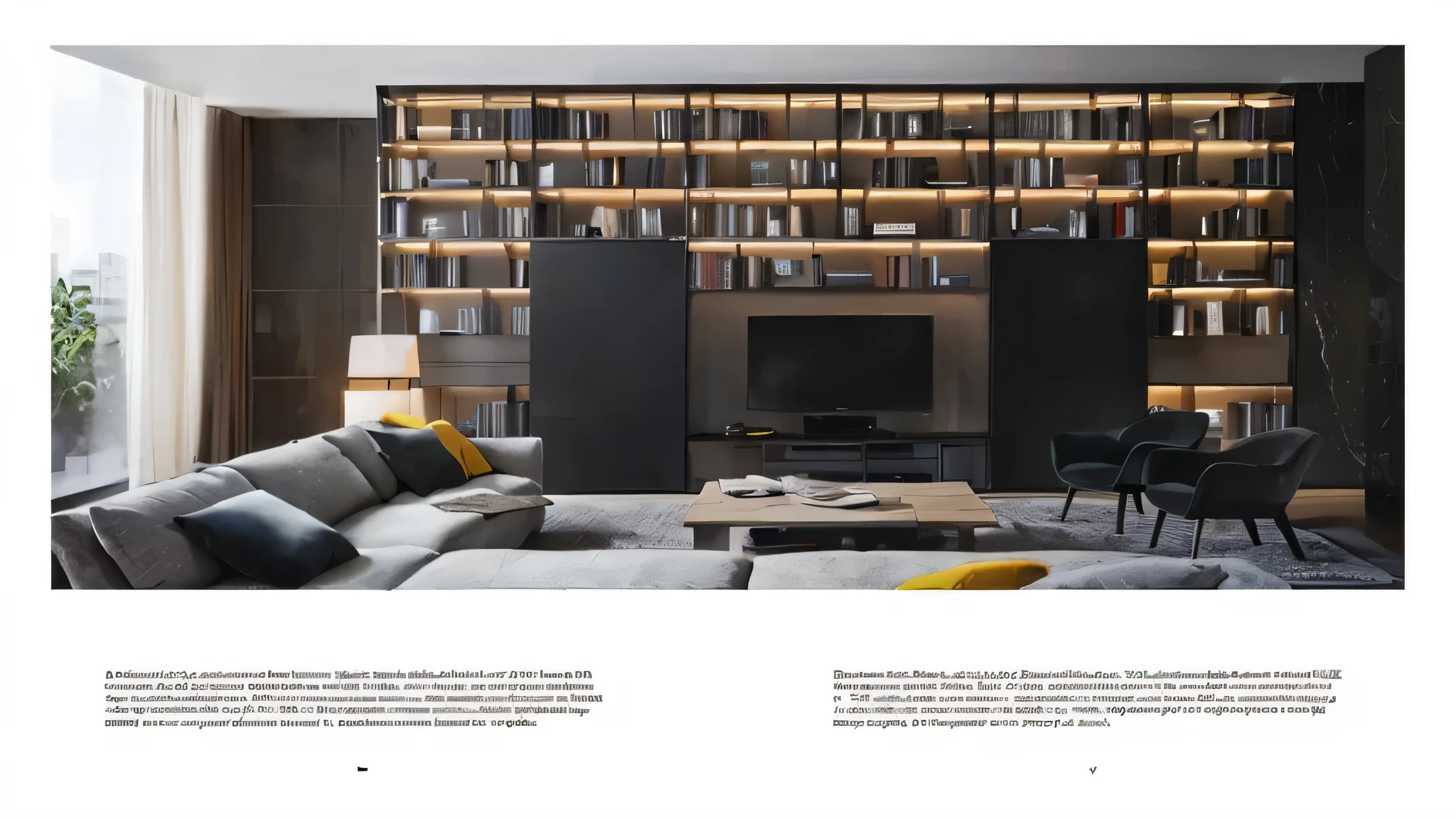 Close-up of living room with sofa and TV, Architectural Digest, Architectural Digest!!!, city apartment, Furniture magazine, photorealistic magazine picture, Wall full of bookcases, Architectural Digest客厅, IKEA catalog, IKEA catalog photo, Architecture Magazine, modern gallery furniture, Architectural Digest, ((((inside a library)))), dystopian city apartment