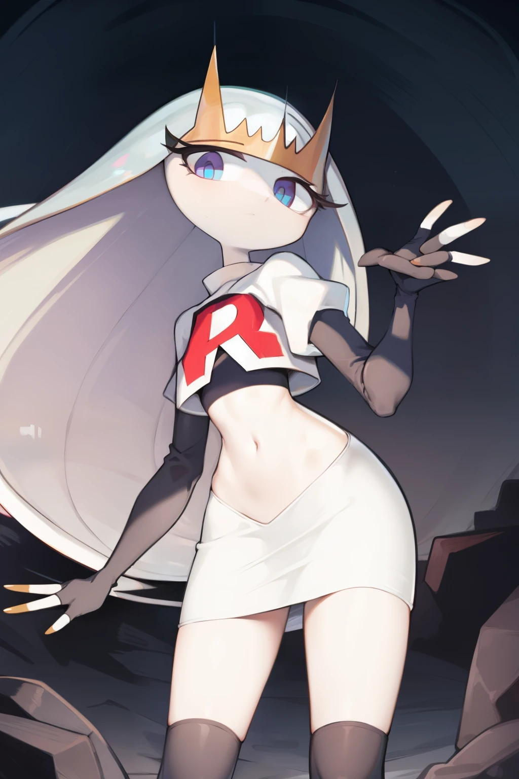 pheromosa, furry female, anthro, segmented body, long hair, solo, (best quality),dramatic lighting, looking at viewer, 2 fingersteam rocket,team rocket uniform,white skirt,crop top,black thigh-highs,black elbow gloves