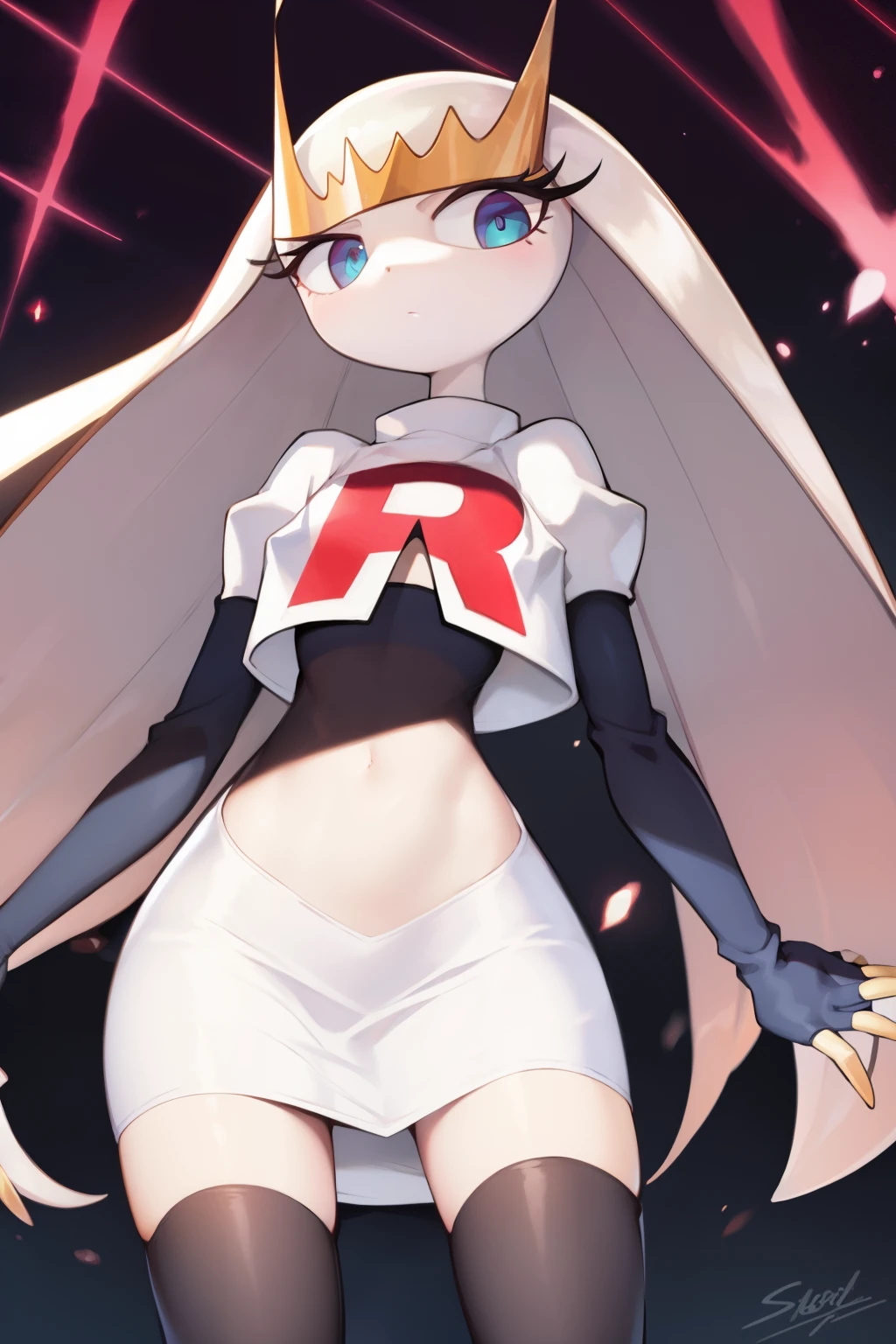pheromosa, furry female, anthro, segmented body, long hair, solo, (best quality),dramatic lighting, looking at viewer, 2 fingersteam rocket,team rocket uniform,white skirt,crop top,black thigh-highs,black elbow gloves