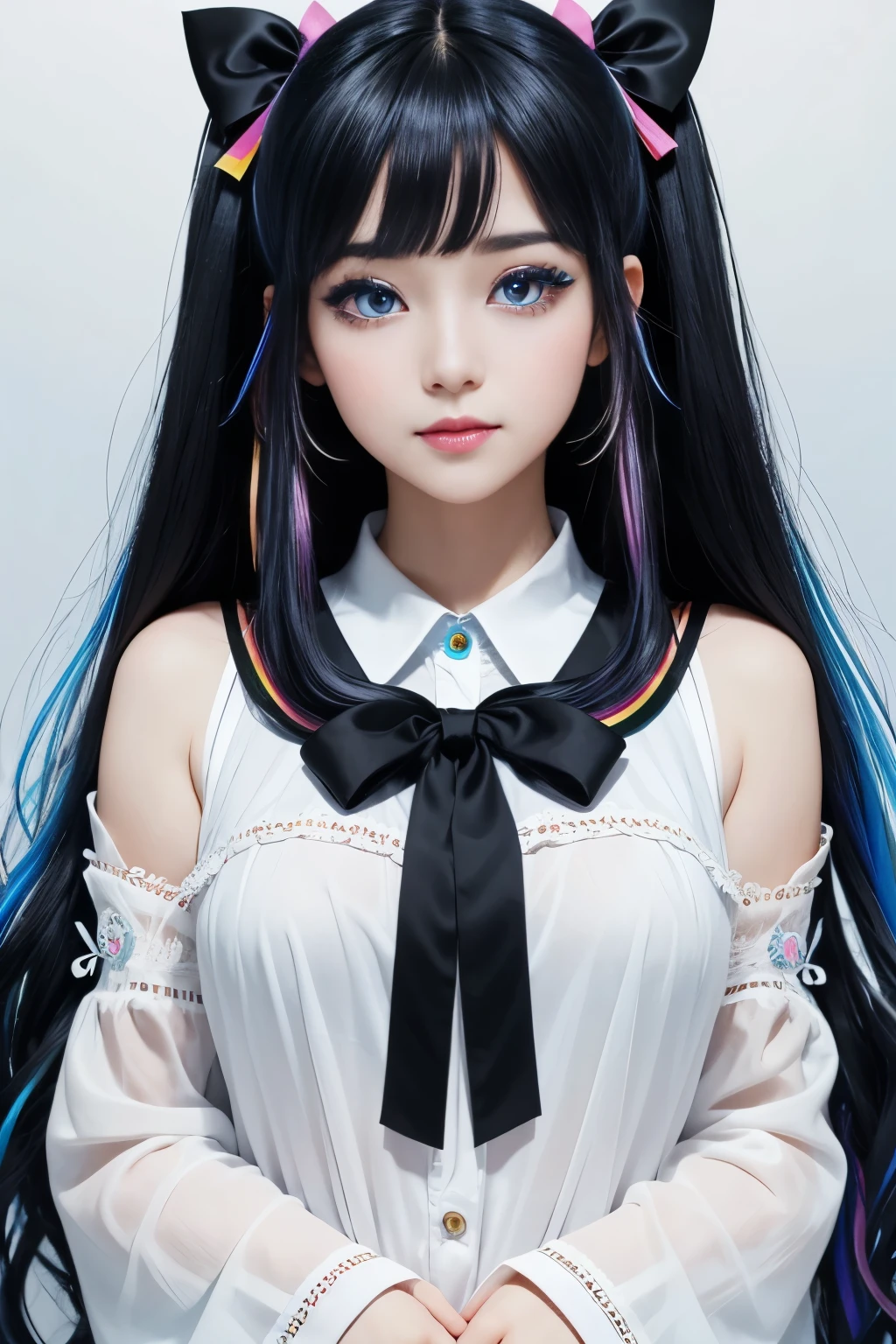 cute black hair、 With rainbow colored hair, ribbon in her hair, woman, Happy, aura, Perfect symmetrical eyes, clear shining blue eyes, white skin, Silky smooth skin, 