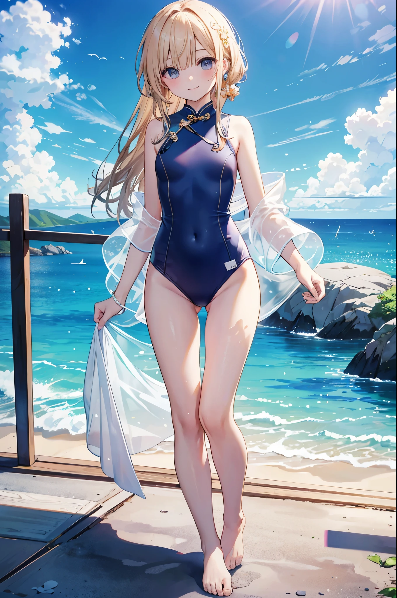 ((masterpiece、4K、8K、highest quality: 1.perfect fingers: 1.perfect anatomy: 1.3、background blur))、((ultra precision))、(、slender、lolita、superutiful girl、straight long hair:1.6)、(cheongsam one piece swimsuit、barefoot:1.5)、、(Close one eye and smile:1.4)、(Are standing、wide shot、full body:1.5)、(blue sky、white sand beach:1.4)、