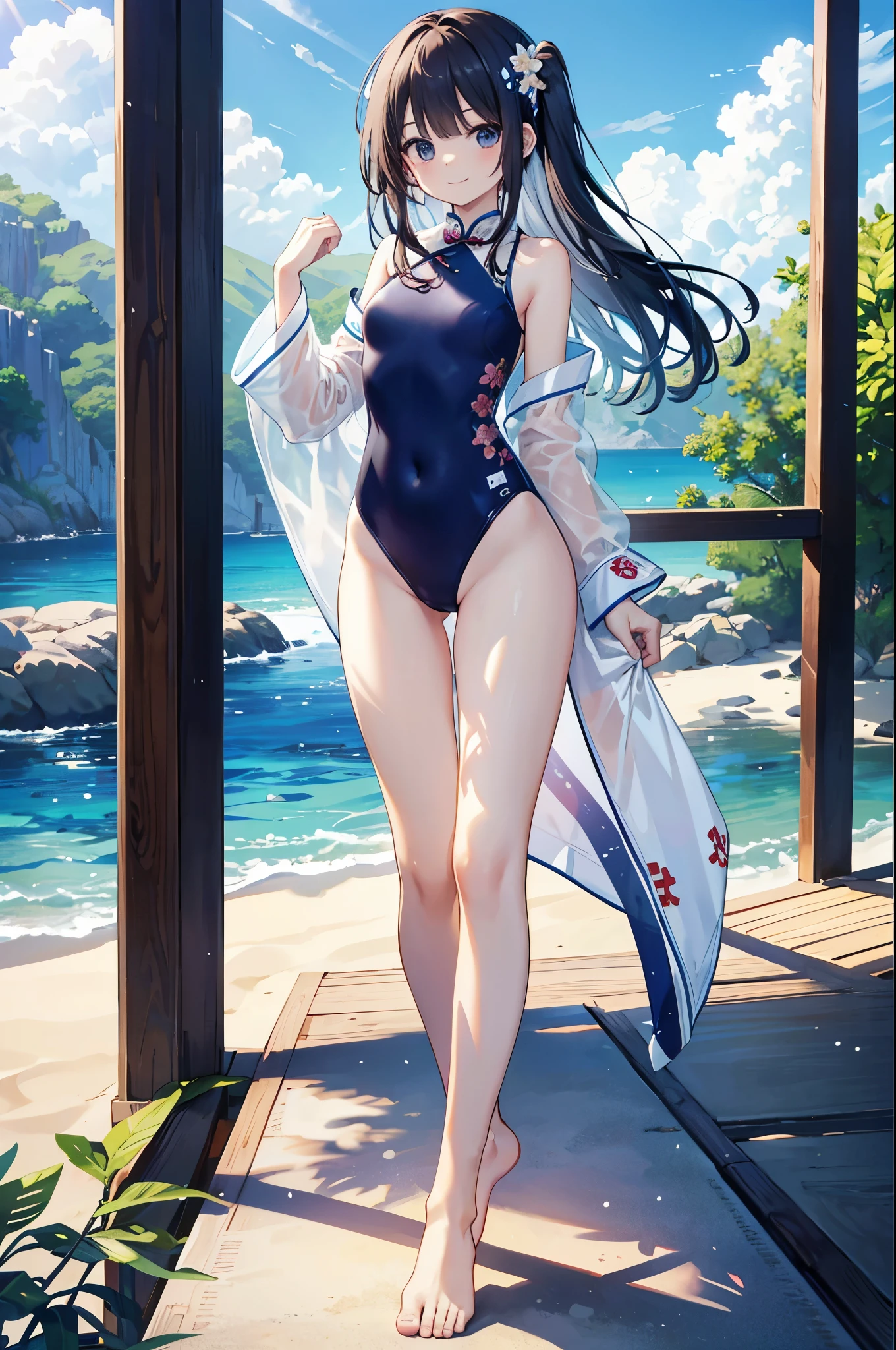 ((masterpiece、4K、8K、highest quality: 1.perfect fingers: 1.perfect anatomy: 1.3、background blur))、((ultra precision))、(、slender、lolita、super beautiful girl、straight long hair:1.6)、(cheongsam one piece swimsuit、barefoot:1.5)、、(Close one eye and smile:1.4)、(Are standing、wide shot、full body:1.5)、(blue sky、white sand beach:1.4)、