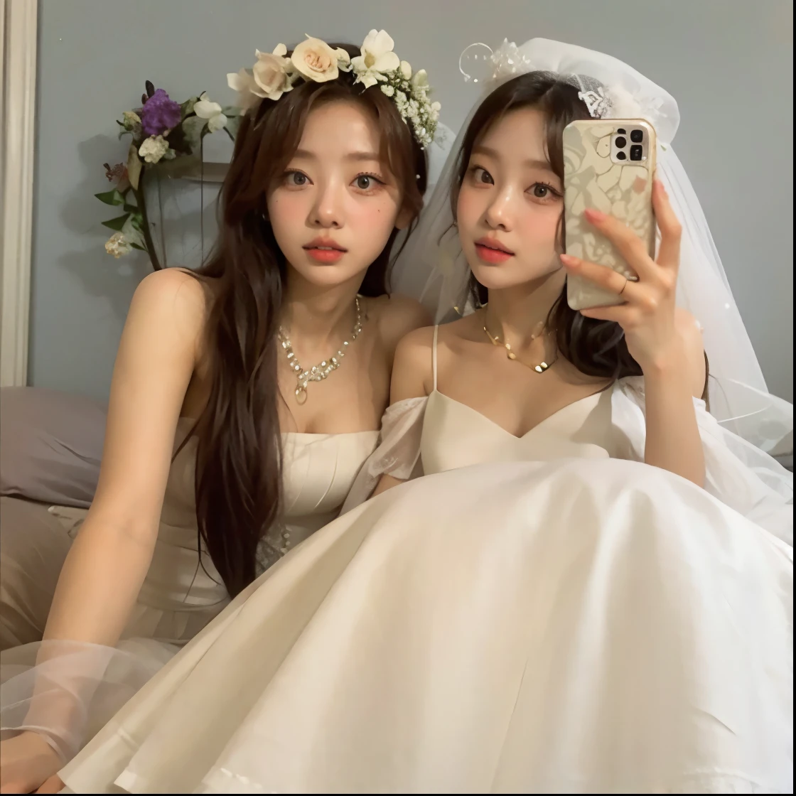 two women in wedding dresses taking a picture of themselves in a mirror, ulzzang, 🤬 🤮 💕 🎀, jaeyeon nam, with ivy, 💣 💥, taejune kim, wearing a wedding dress, jinyoung shin, 8k)), sha xi, white hime cut hairstyle, jia, profile picture, & jeehyung lee & wlop, kim doyoung