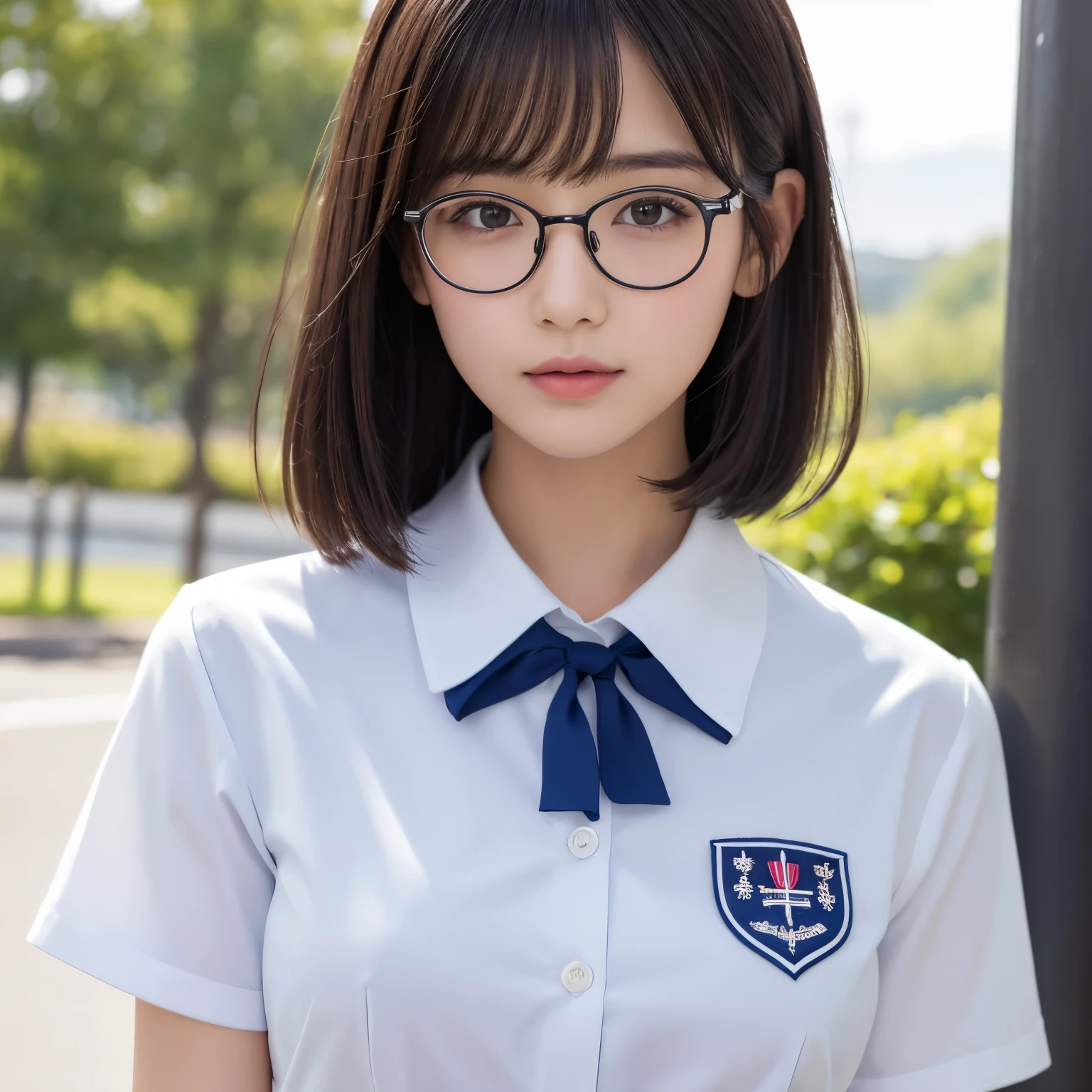 (highest quality、table top、8K、best image quality、Award-winning work)、one cute high school girl、、close up of face、Glossy lipstick、Glossy super high detail lips、 alone、most realistic、Ultra-detailed depiction、detailed face、close up of face、Shiny super high detail skin、polyester white high school uniform shirt、The most natural real high school uniform、Beginner Girl、look at me、Premonition of romantic love、Moist and sparkling eyes、uniform ribbon on chest、straight short hair、Beautiful smooth berry short hair、The most detailed super high detail short hair、Classy glasses、The background is the refreshing colors and scenery of youth.、Background outside the school、look at me恥ずかしい微笑み
