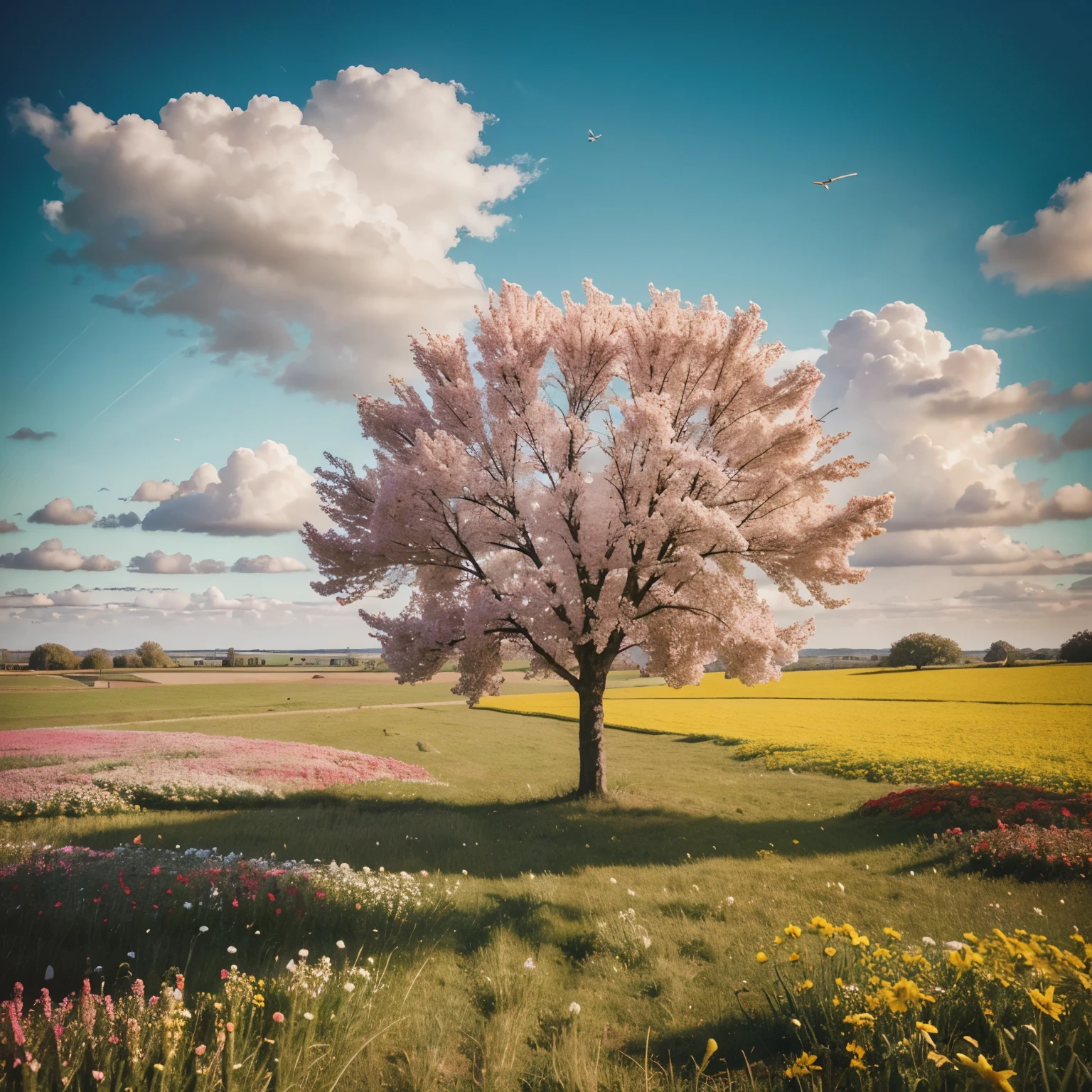 image of a sunny one-day landscape, just the landscape with flowers, flowery field, no people, no animals, vibrant childish, art style, cartoon, artistic, soft color palette, flowers of various kinds blown by the wind, brightness, magical photography, soft soft lighting, light background, realistic photo, super detailed, 4k, high resolution, super thin sharp, high quality, unique, beautiful colors, 3d rendered,