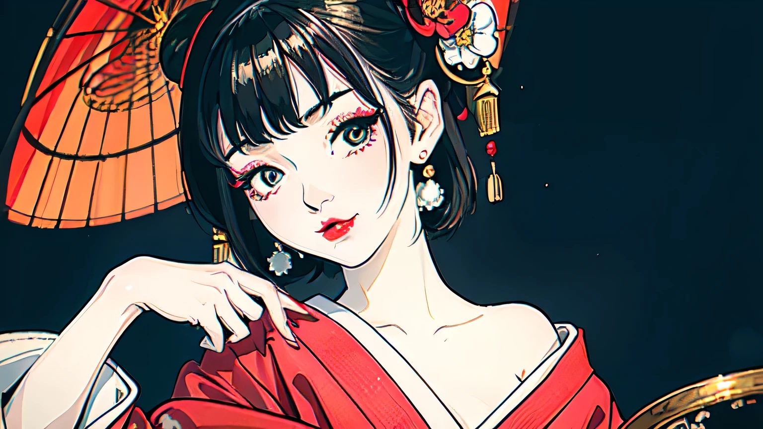 obra maestra, Maximum quality, 1 chica, geisha japonesa tradicional, {cara pintada de blanco, labios rojos, long eyelashes, delineador de ojos, rubor rosa, hermoso}, frente desnudo, pelo negro, ((cabello corto)), {Peinado Geisha}, Accesorios para el cabello, {geisha Accesorios para el cabello}, pendientes, kimono corto, traditional japanese white kimono, {detalles en el kimono, oscuridad}, seductive expression, Sonrisa seductora, {Mirando al espectador}, {ojos negros, hermoso detailed eyes}, nod, small breasts, {{{emphasis lines}}}, {{{Japanese temple background, fondo borroso}}}, color anime, color pastel, luz brillante.