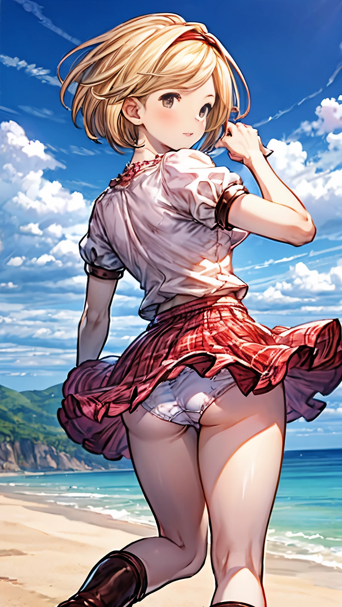 highest quality、one girl,full body figure、、Perfect five-finger、perfect legs、perfect legs、Djeeta、djeeta、perfect thing、detailed description、small details、shy face、detailed face、mini skirt、blonde、short hair、White panties、whitepanty、I can see your panties、back view、turn around、look back、Skirt flip、lift skirt、Pose that emphasizes the buttocks、summer clothes、White shirt、plaid skirt