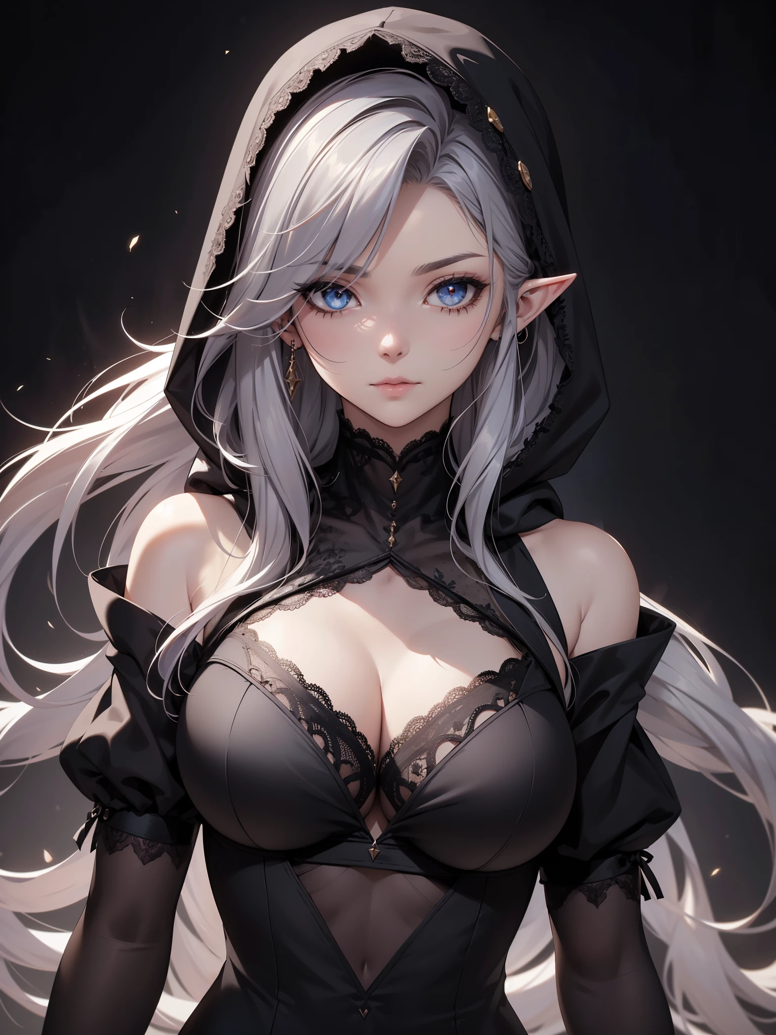 White elf girl, medium grey hair color, very long flowing hair, grey eye color, small eyes, realistic human eye shape, round eye shape, eyeliner, realistic face shape. black lace low cut lace shirt, portrait, wearing a black hood, black background, chest showing, NSFW, Depth of Field. looking at camera, dreamy look detailed eyes, detailed face, detailed skin, Ultra Detailed, Beautiful and Aesthetic, Masterpiece, Best Quality, shoulders showing. lace fabric, round chin shape. wearing black hood over hair. showing full upper body and face. wearing a black hood. hips showing, alot of flairs in background, zoomed out. full body showing. hips exposed, black and gold. Glowing