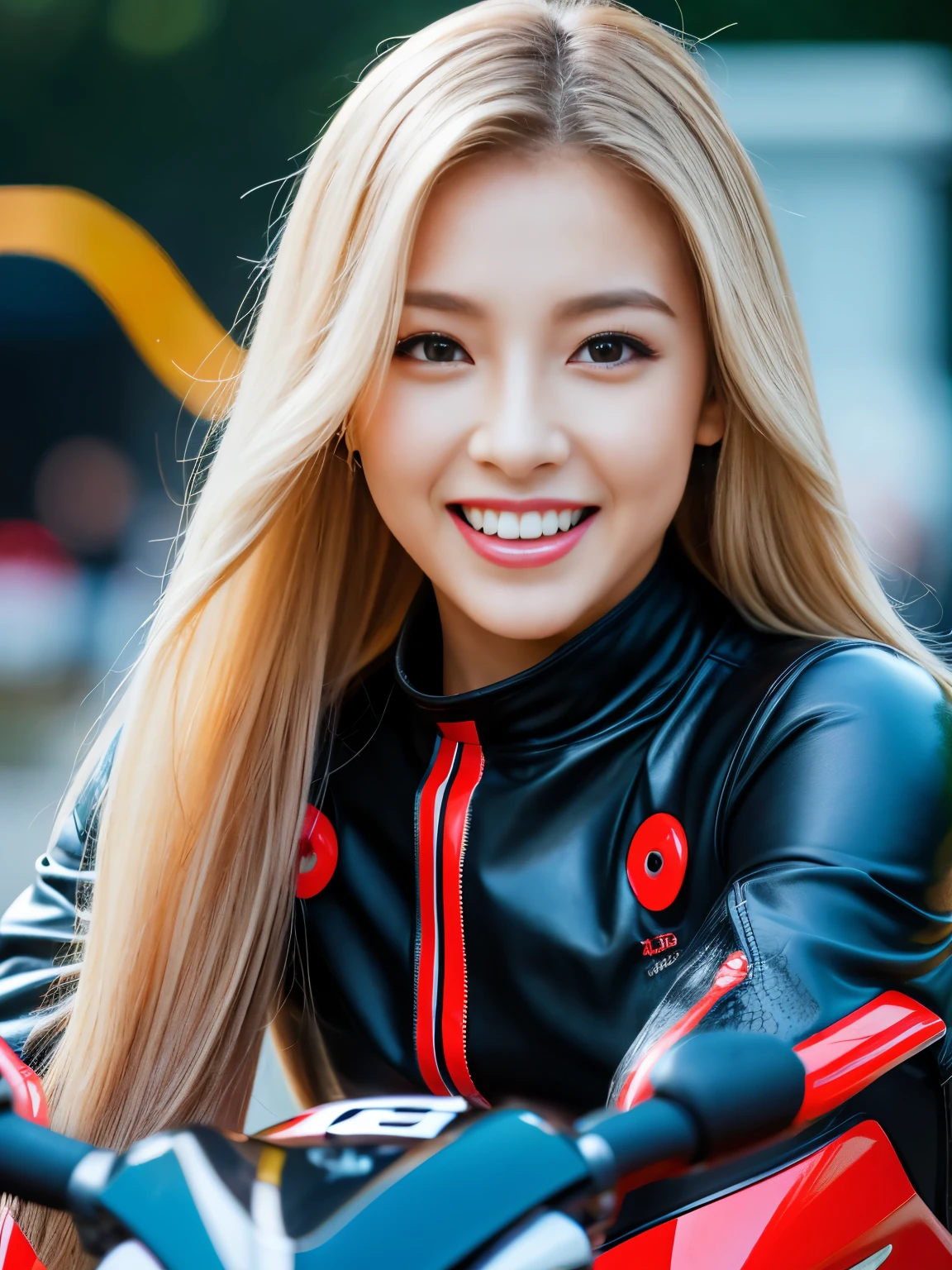 8K,ultra high resolution,quality、masterpiece、hyper hd、(photo realism:1.4)、(1 girl)、(riding on motorcycle)、long sleeves、(Sexy black and leather racing suit)、(blonde long haired person)、(wet hair)、ultra detailed human face、highly detailed teeth、red lipstick、circuitry、racing bike、&#39;s,Plump,filled with eyes,riding on motorcycle,Chest is open,Motorcycle Helmets