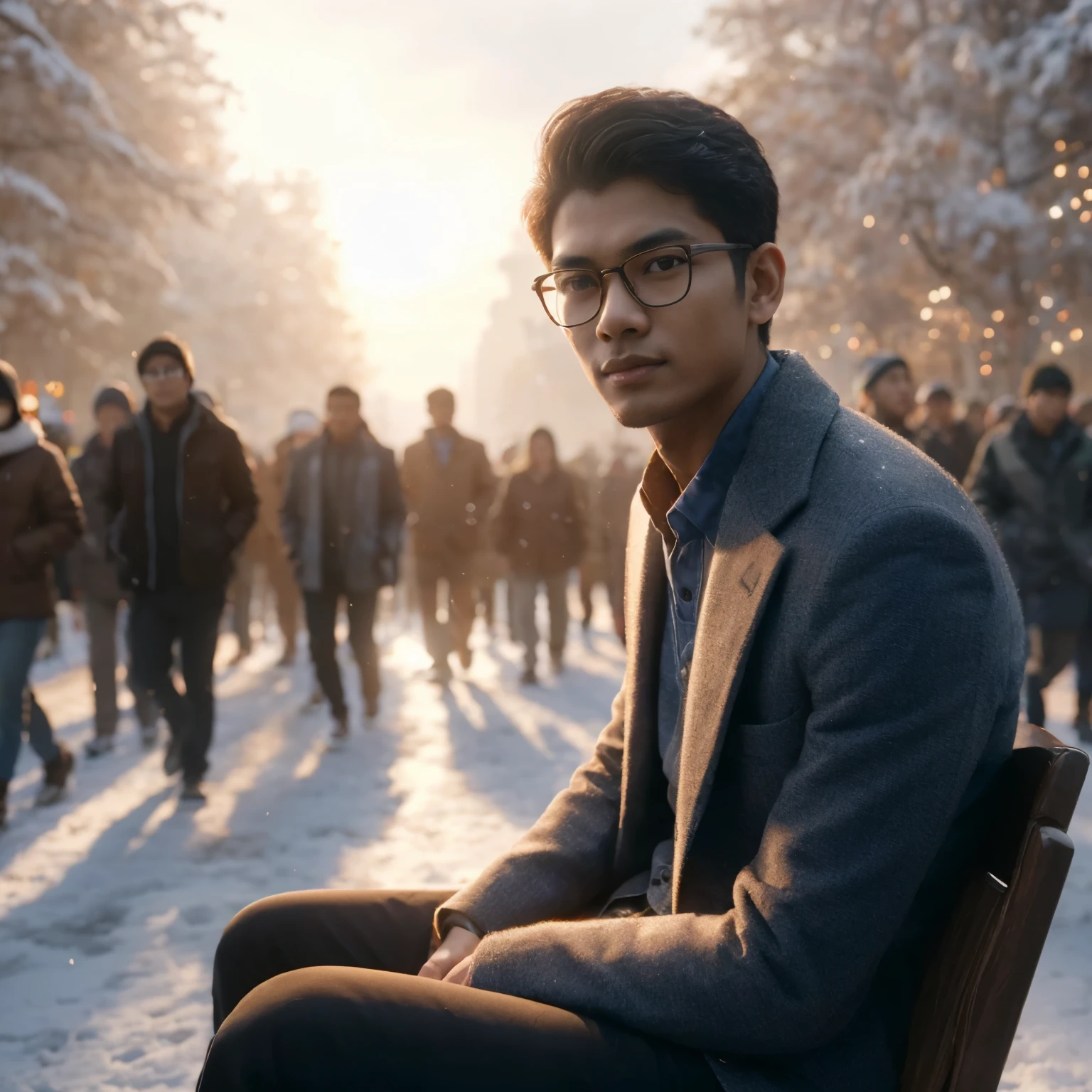 "A handsome Indonesian young man, wearing glasses, a blazer, and a shirt, sitting on a chair in the atmosphere of a winter sunset, Numerous people are walking around, creating a realistic, highly detailed scene captured in 8K quality."