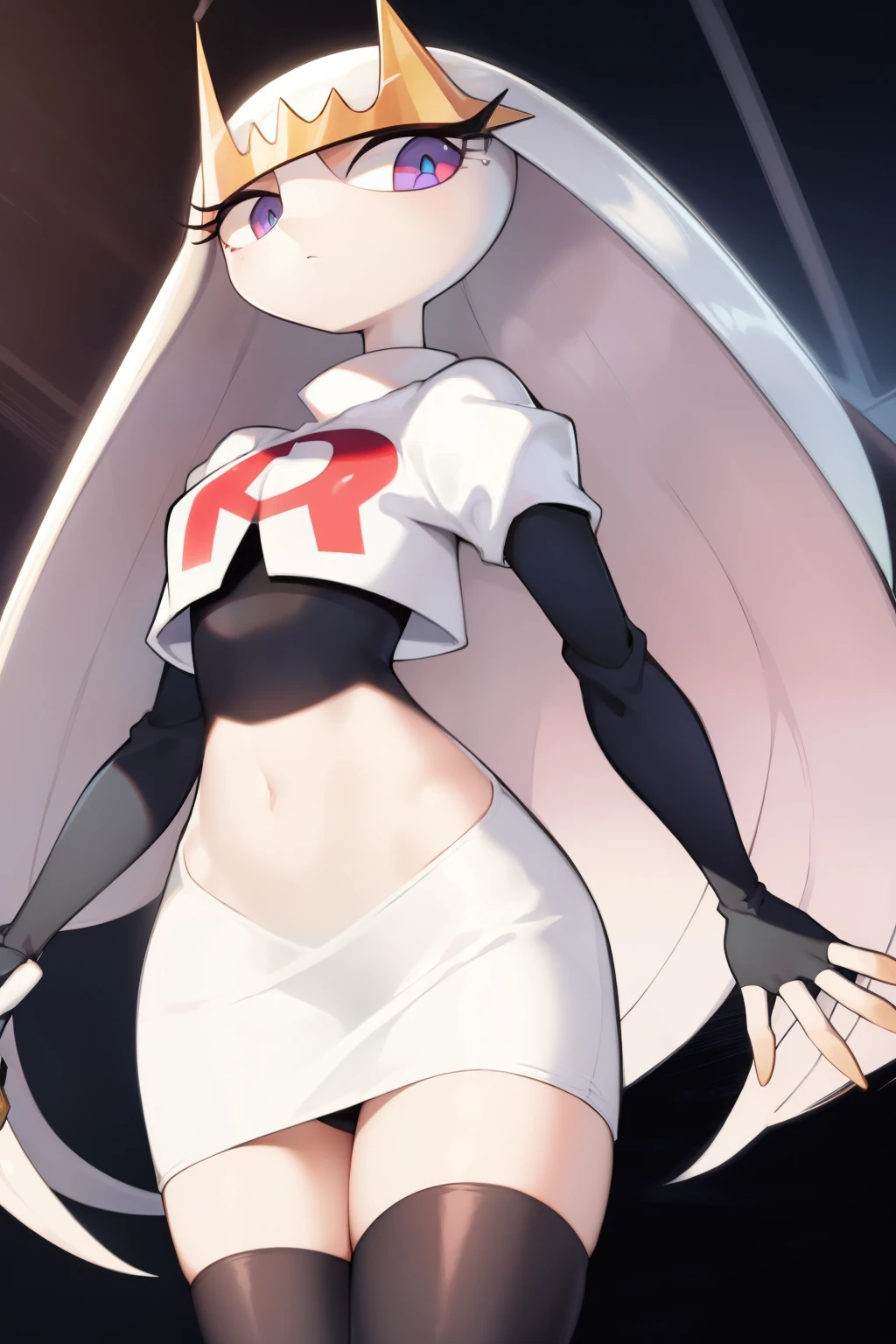 pheromosa, furry female, anthro, segmented body, long hair, solo, (best quality),dramatic lighting, looking at viewer, 2 fingersteam rocket,team rocket uniform,white skirt,crop top,black thigh-highs,black elbow gloves