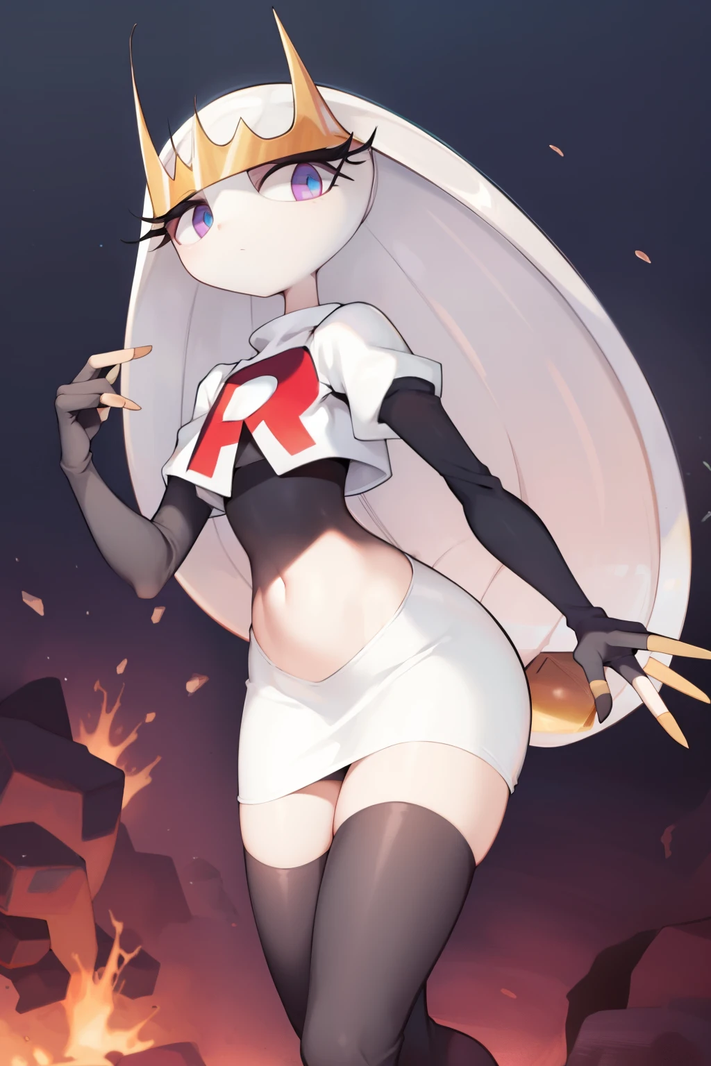 pheromosa, furry female, anthro, segmented body, long hair, solo, (best quality),dramatic lighting,  looking at viewer, 2 fingersteam rocket,team rocket uniform,white skirt,crop top,black thigh-highs,black elbow gloves