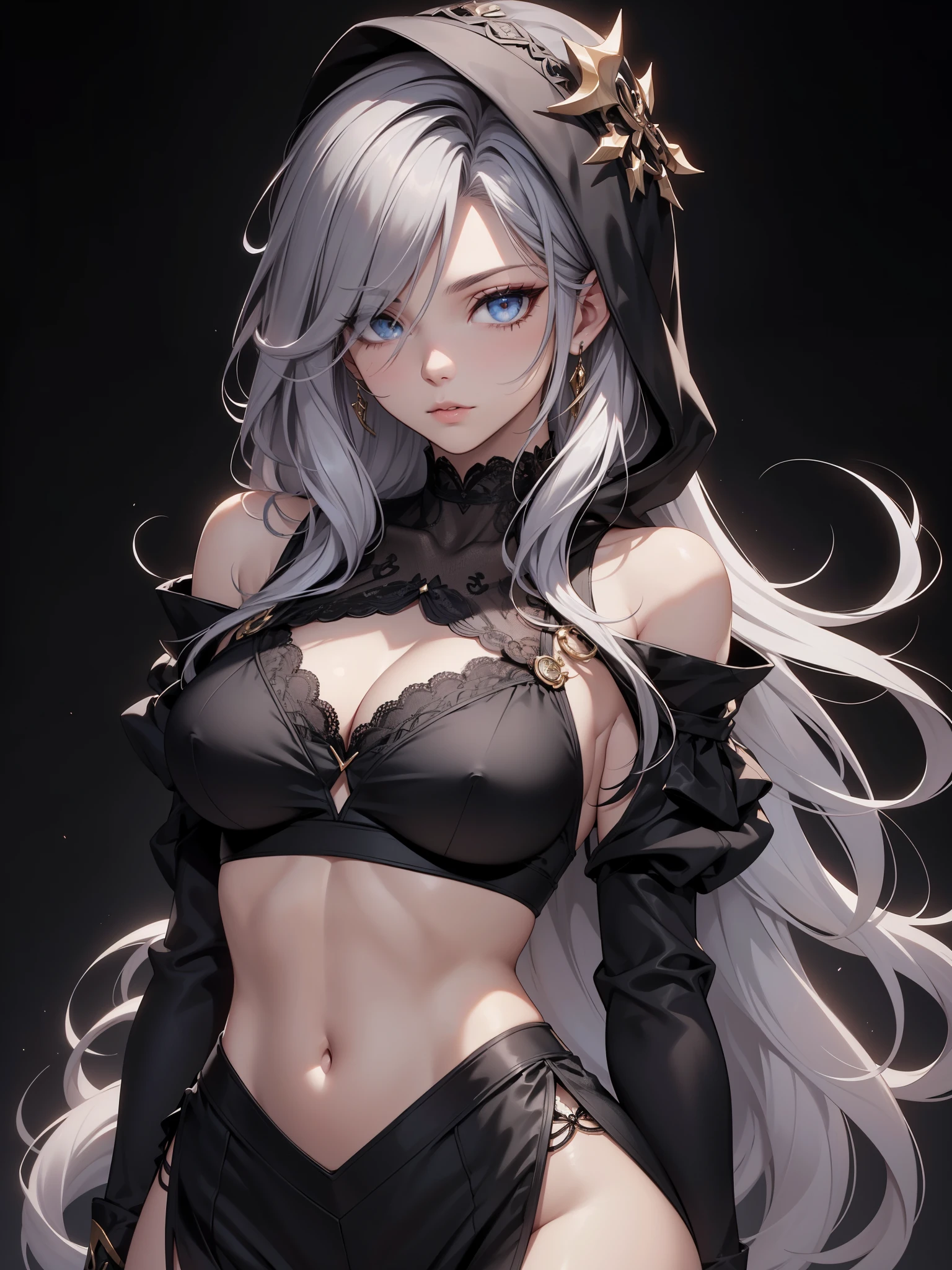 White elf girl, medium grey hair color, very long flowing hair, grey eye color, small eyes, realistic human eye shape, round eye shape, eyeliner, realistic face shape. black lace low cut lace shirt, portrait, wearing a black hood, black background, chest showing, NSFW, Depth of Field. looking at camera, dreamy look detailed eyes, detailed face, detailed skin, Ultra Detailed, Beautiful and Aesthetic, Masterpiece, Best Quality, shoulders showing. lace fabric, round chin shape. wearing black hood over hair. showing full upper body and face. wearing a black hood. hips showing, alot of flairs in background, zoomed out. full body showing. hips exposed, black and gold. Glowing