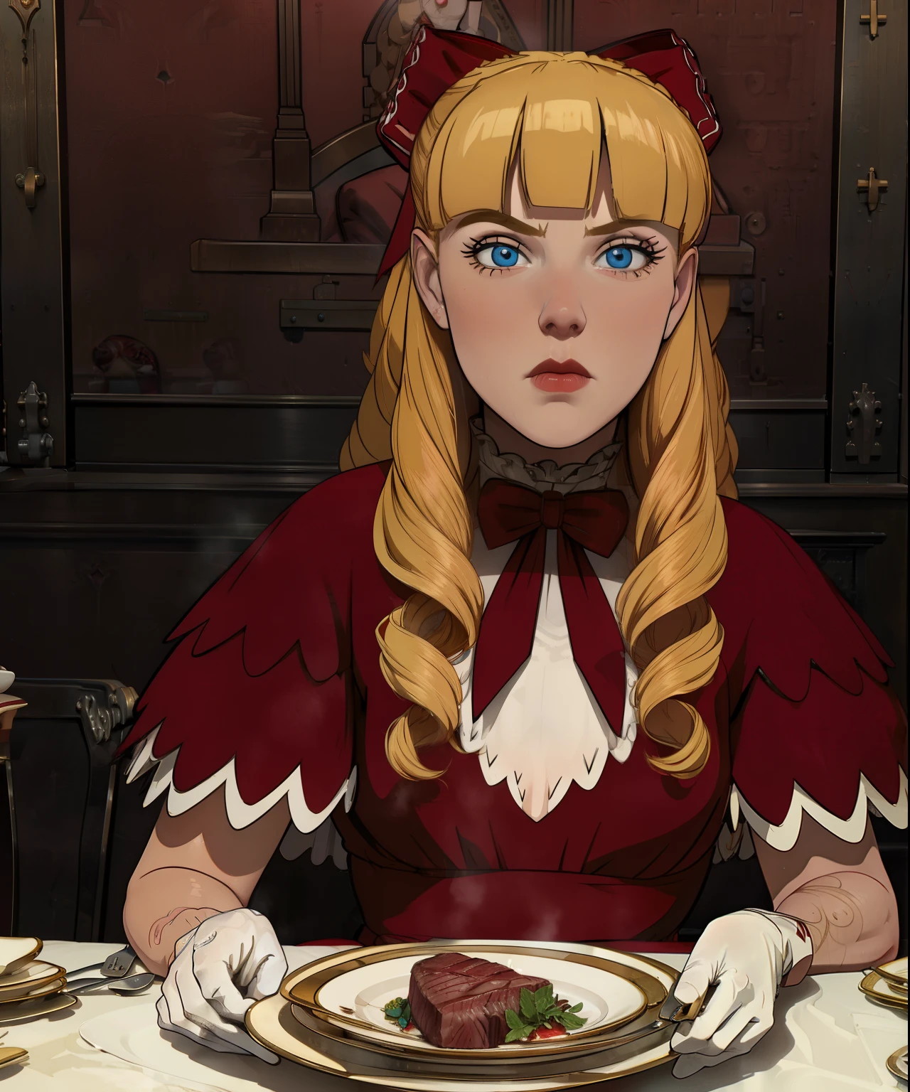 scarlett,Blue eyes,blond hair,Bang,long hair,
Red dress,white gloves on elbows,red hair ribbon,
is sitting,Upper body,inexpressive,
dining table,steak,plate,
Steam lock,
(Insanely detailed, beautiful detailed face,beautiful detailed eyes, masterpiece, Best quality) One,