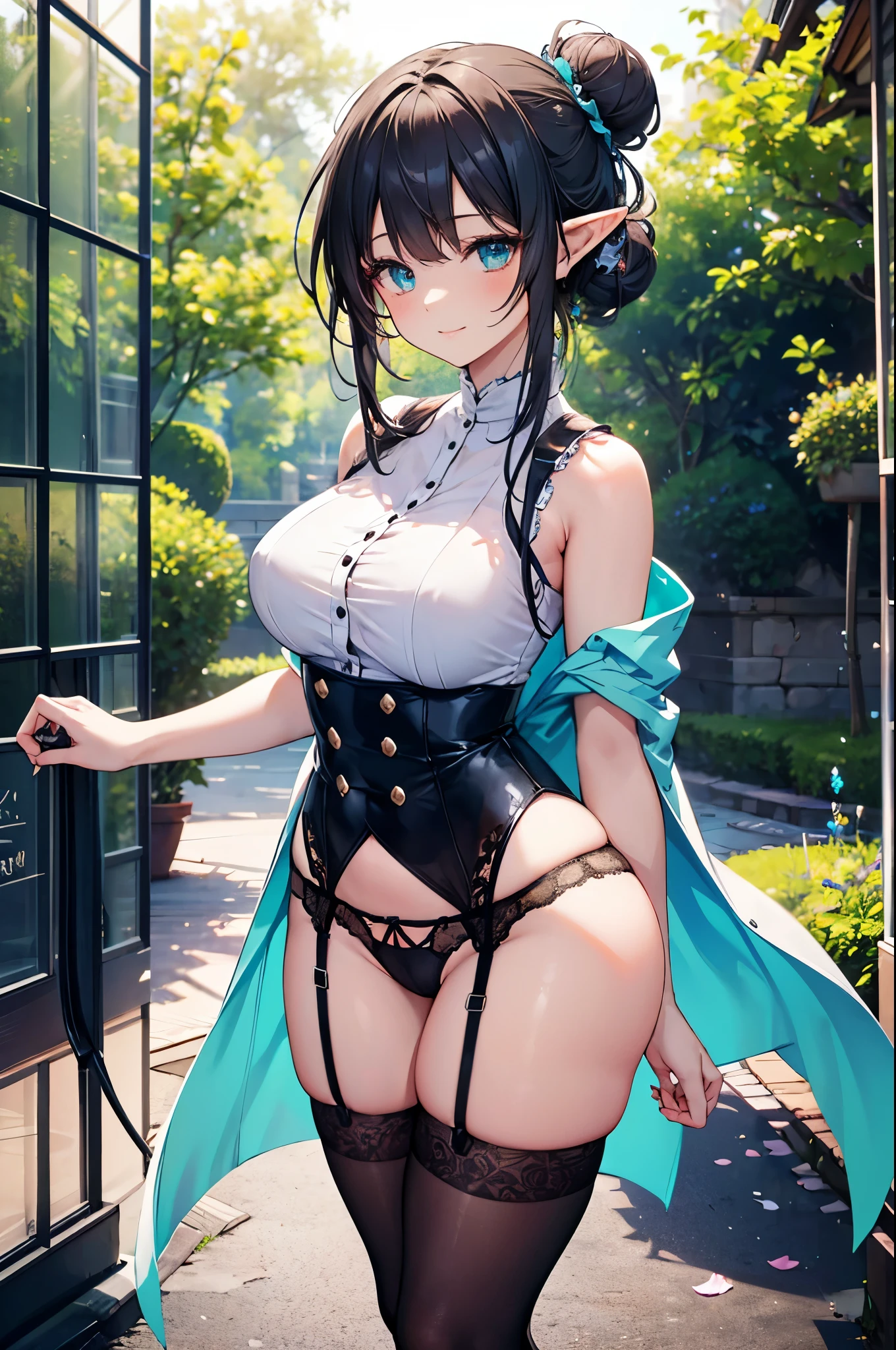 realistic image, coherent image, detailed image, 1 beautiful elf, She has black hair, long, silky and loose hair with a bun, turquoise eyes, her face is oval and delicate, smiling happily, She is wearing a transparent sleeveless shirt , thin thong, stockings up to the middle of the thighs with garter belts. She has a curvy body, medium breasts, thick thighs, surrounded by flowers, surrounded by trees,