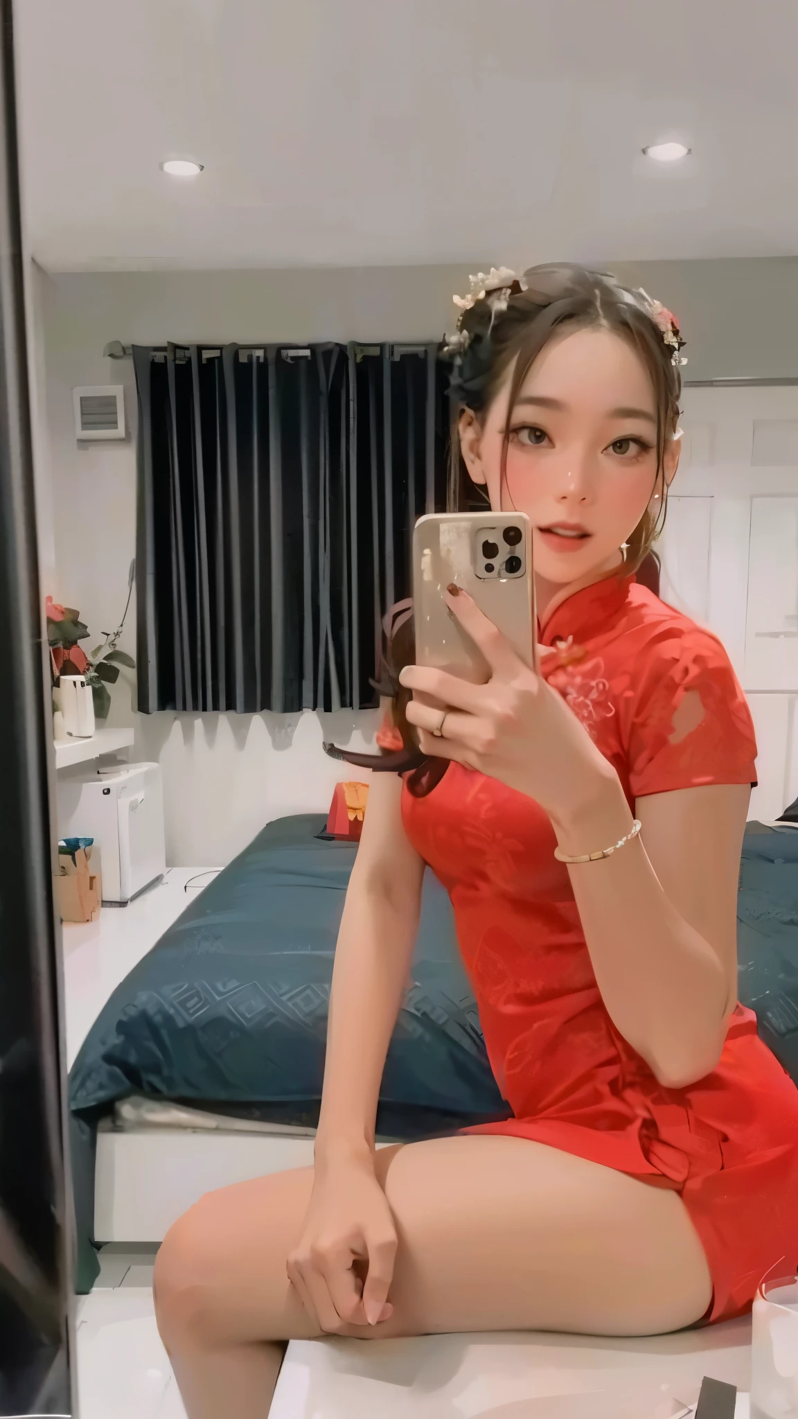 Based on the original image, Masterpiece, best, high_quality, high_resolution, Masterpiece, colorful, 1 girl, alone, Red qipao dress