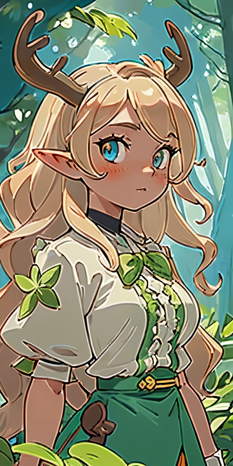 (masterpiece, best quality), 1girl, intricate details, blonde, leaf, wavy hair, looking at viewer, elf, upper body, forest, frills, mist, deer antlers, pokemon gym trainer,