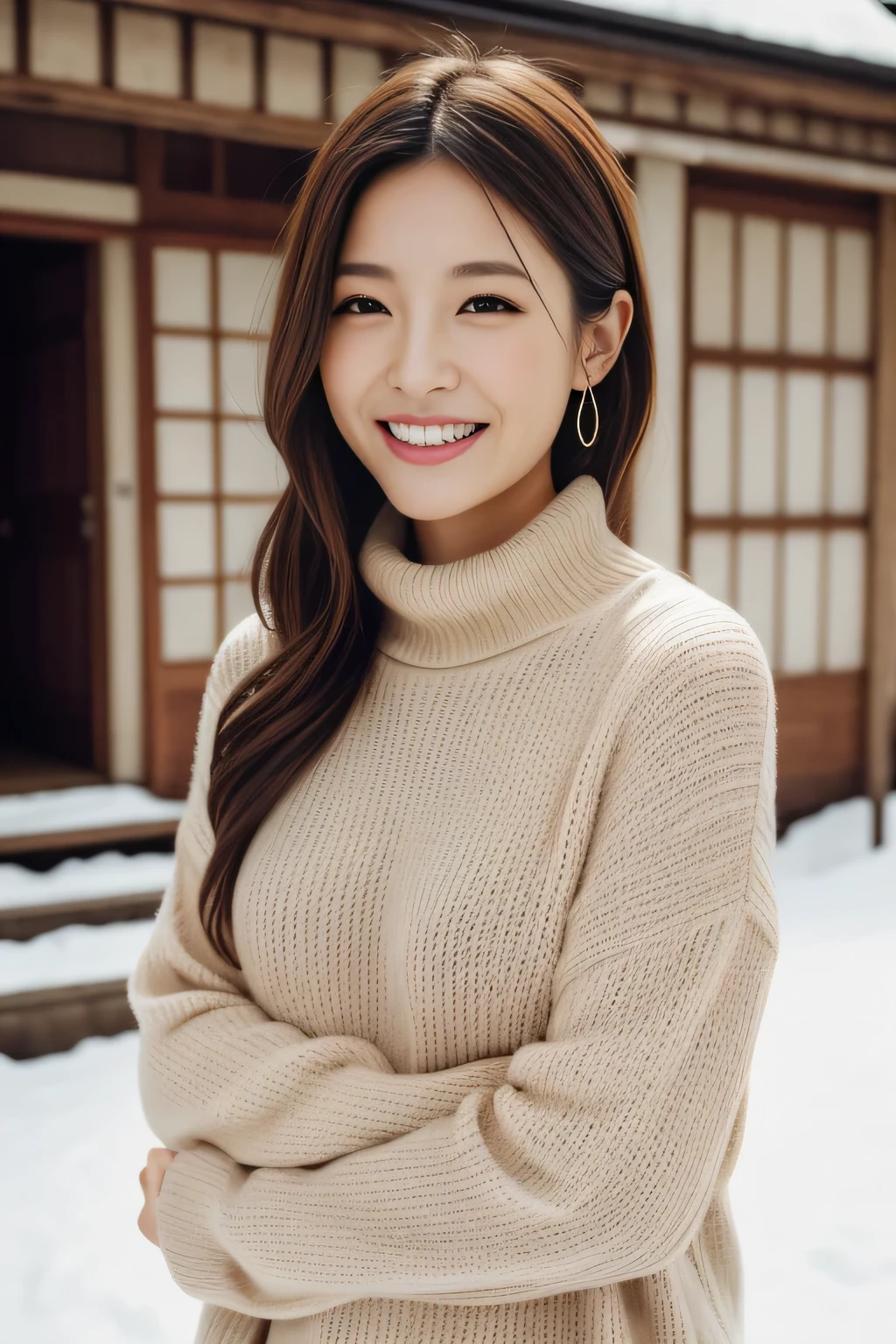 Hostess Face、turtleneck wool sweater、high quality、surreal、healthy、smile、Perfect slender figure、beauty of japan、 perfect eyes、beautiful skin、Upper body、Snow Town