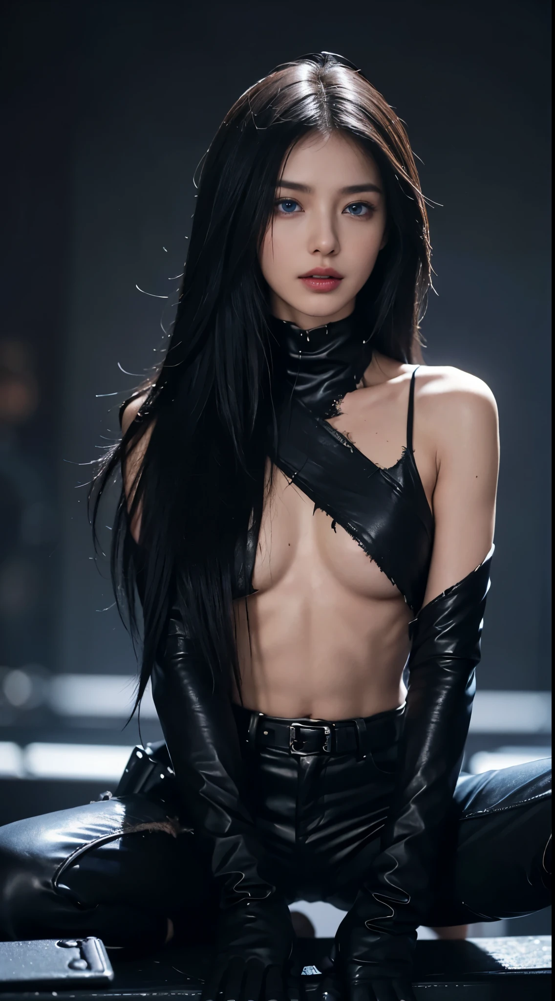 8k, top quality, 复杂的detail, 超detail, ultra high resolution, masterpiece, ((close-up)) , thin and long, Without smiling, (cosmetic: 0.4), (蓬松的blue eyes: 1.21), blue eyes,, ((whole body)), 1 girl, alone, 1 girl, (( whole body)), close-up, permanent , , ((High)), (((toned body))), (((face slimming))), sharp face, sharp vision, ((( black hair, long hair ))), (detailed face), sharp face, small lips, thin lips, holding a gun, holding a gun刃
((tattered clothes, tattered clothes, Futuristic top, Futuristic pants, Futuristic gloves, Futuristic boots )), detailed face, detailed breast, , Big breasts, detail, , beautiful girl,Have slender abdominal muscles: 1.4, Six-pack abs: 1.4, Bust Botox, big deal, Perfect body, detail leg, ), cyberpunk background,