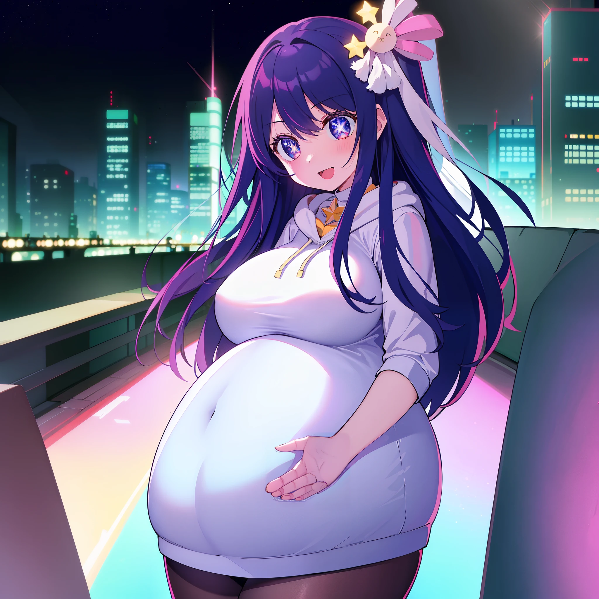 ((Masterpiece, Best Quality)),
stand in center of screen,(from head to shin),
1girl, Ai Hoshino,shiny skin,
(Hoodie),Open white coat,
(impossible clothes,silhouette),
(Stars in the Eyes,sparkle in the eyes,
clear eyes, beautiful six-pointed star eyes),
((colossal breasts, pregnant)),open mouth,smile,
black pantyhose,(hair ornaments),
City,street,(from front),