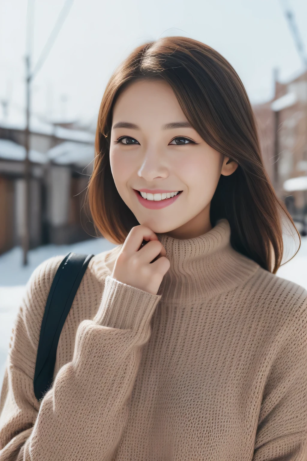 Hostess Face、turtleneck wool sweater、high quality、surreal、healthy、smile、Perfect slender figure、beauty of japan、 perfect eyes、beautiful skin、Upper body、Snow Town