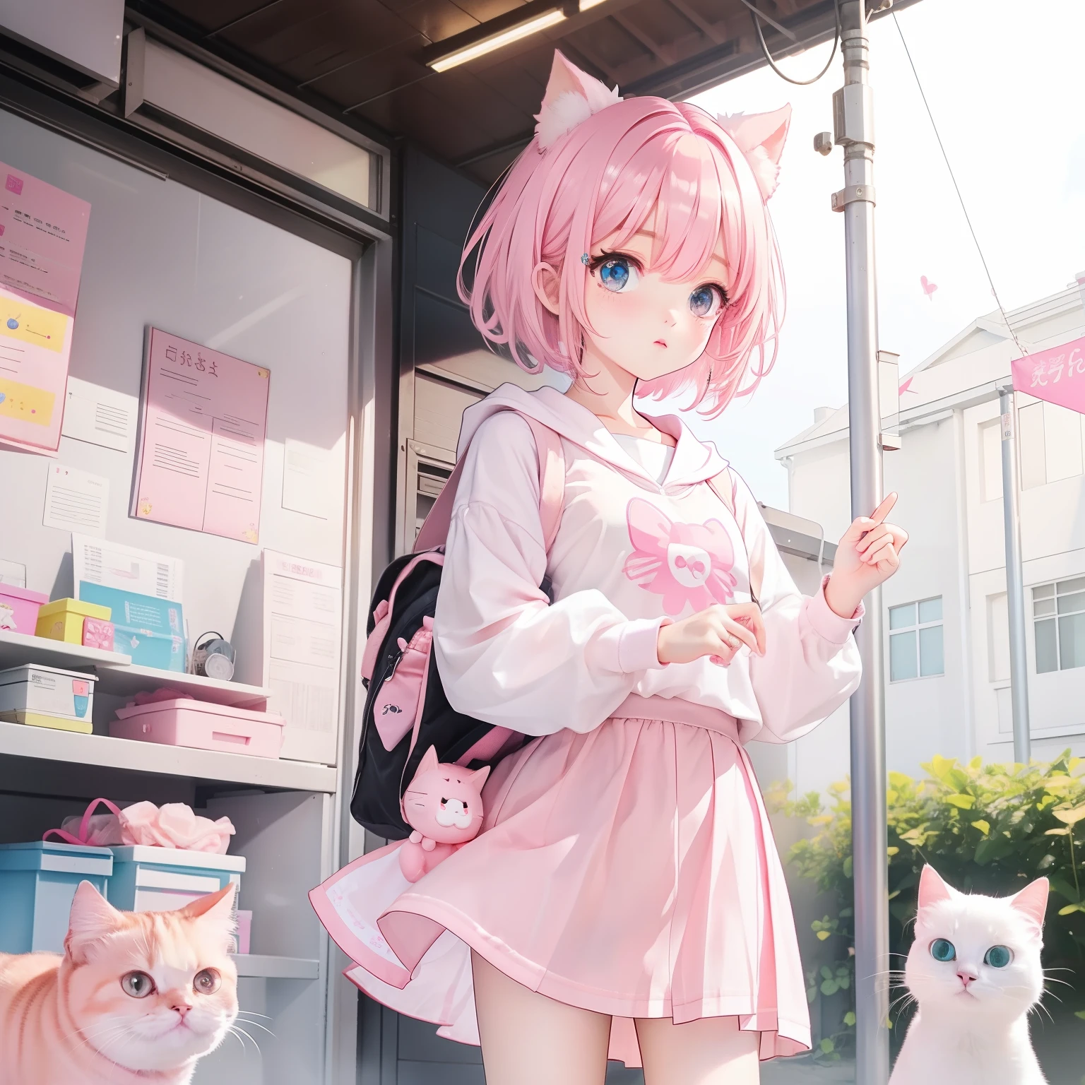 Transparent pink short hair,Milky ultra light pink clothes,light pink student,super cute sweet girl、1 girl、Childish clothes、Cat ear