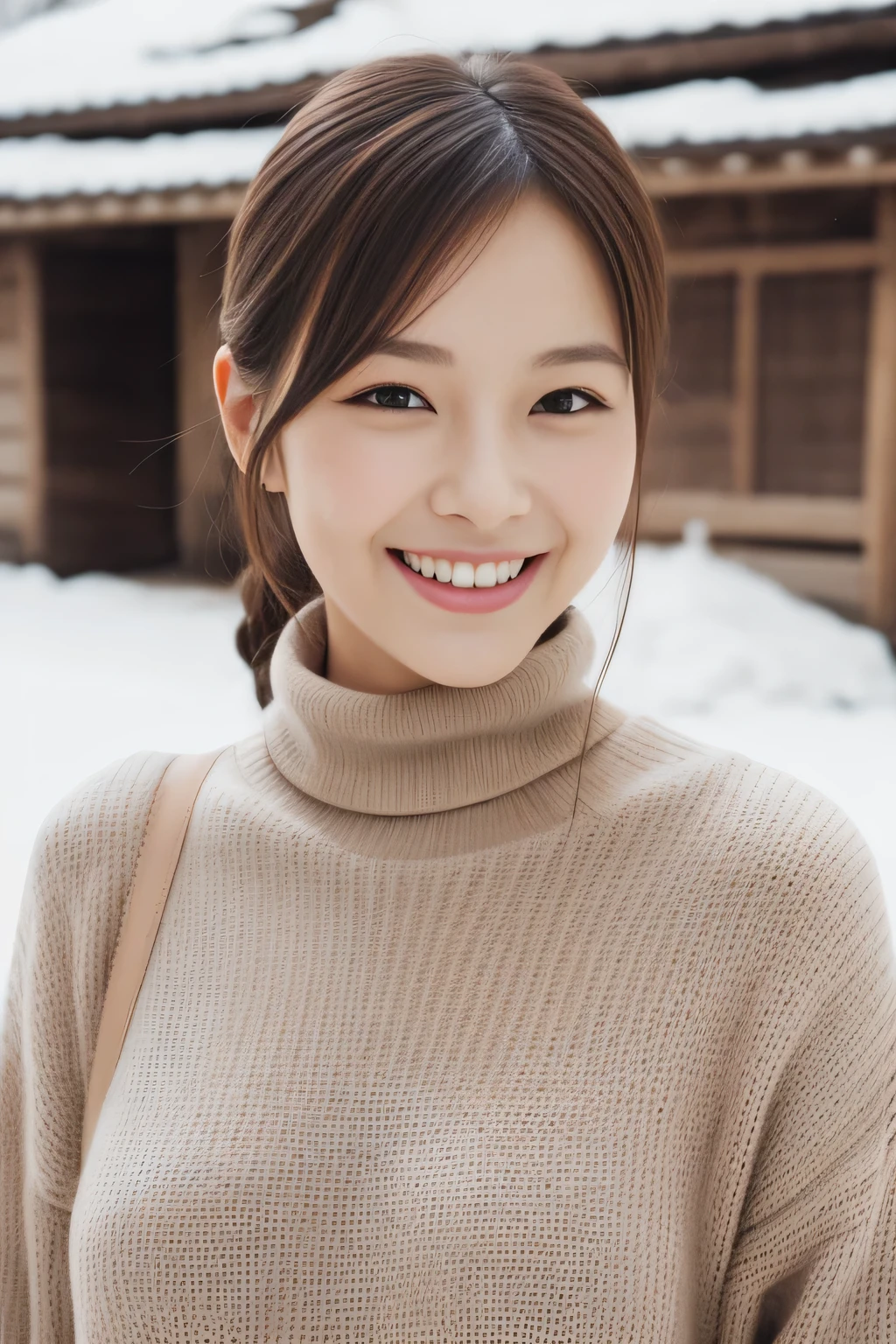 Hostess Face、turtleneck wool sweater、high quality、surreal、healthy、smile、Perfect slender figure、beauty of japan、 perfect eyes、beautiful skin、Upper body、Snow Town