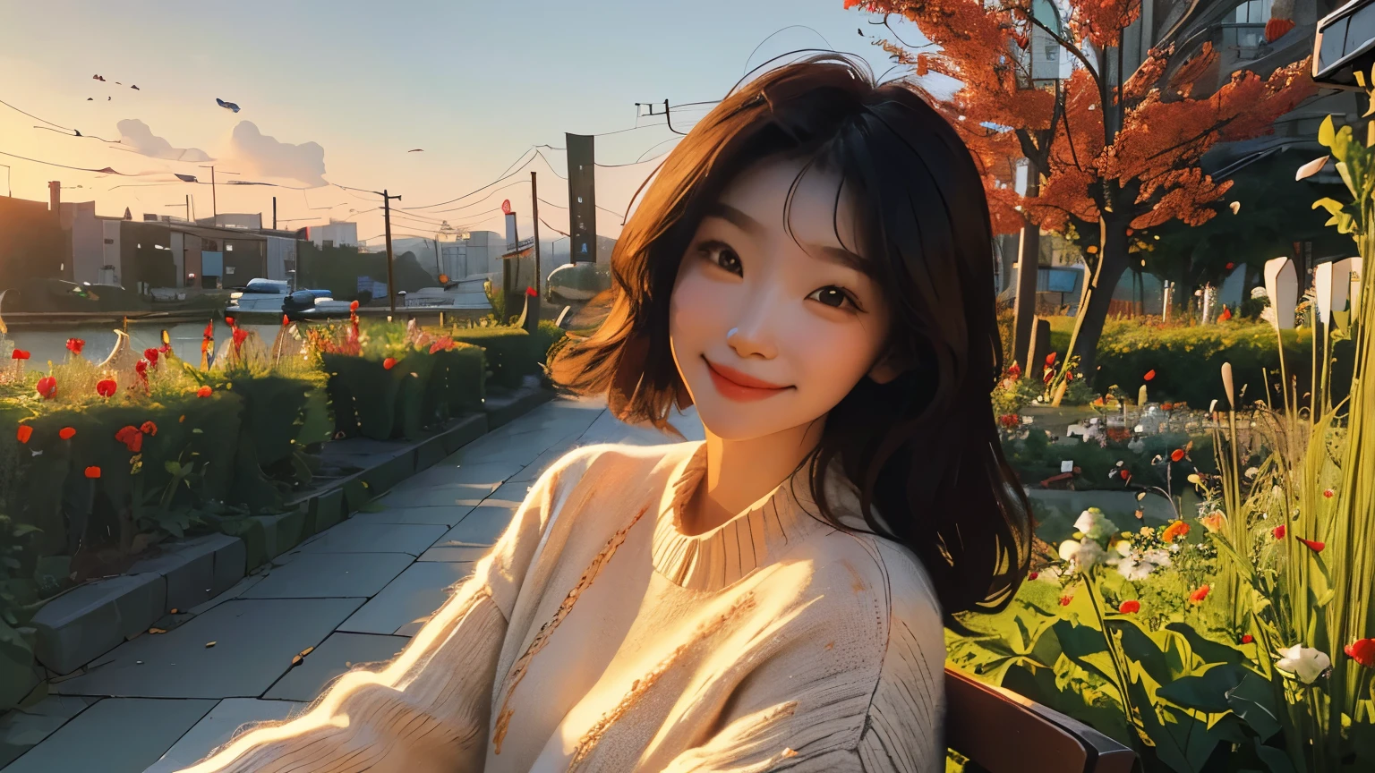 ((masterpiece)),(((bestquality))),((ultra-detailed)) realisticlying, 1 girl, korean woman, Beautiful, sit on the chair, wearing a sweater, Beautiful sunrice, solo, The sky turns red at morning, Face smile, looking to viewer, fowers, coffe, Garden, outdoor.