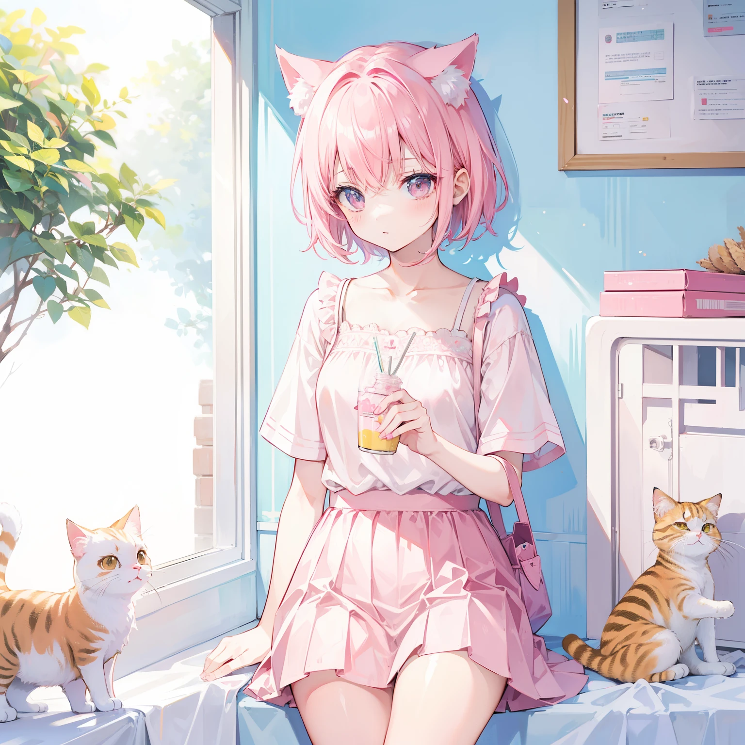 Transparent pink short hair,Milky ultra light pink clothes,light pink student,super cute sweet girl、1 girl、Childish clothes、Cat ear