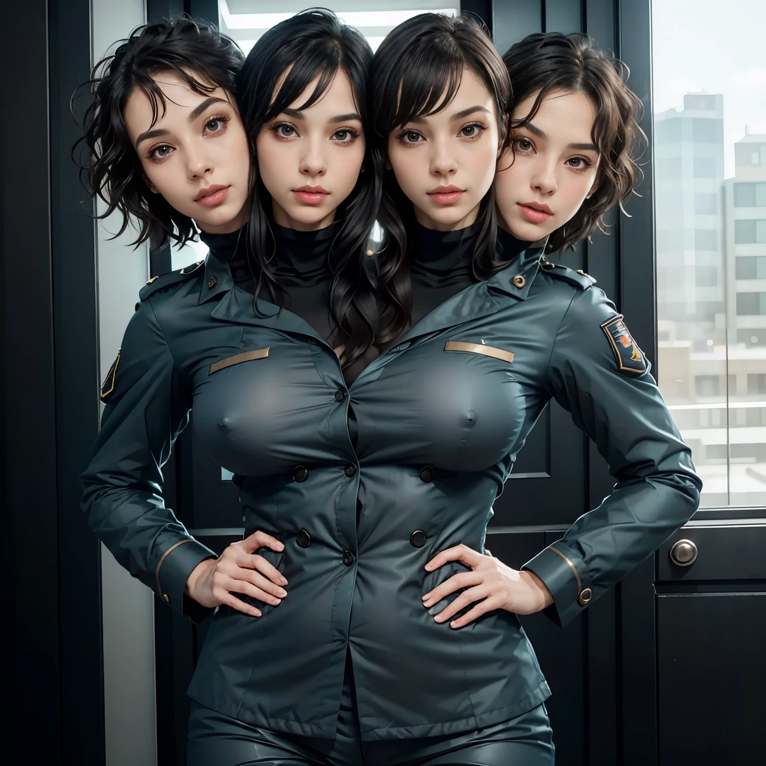 (highest resolution, distinct_image) Best quality, single person, one woman, solo, masterpiece, highly detailed, semi realistic, black short hair, black hair, bangs, 18 years old, mature, light blue military uniform, military uniform, indoor background, gentle, authoritative, powerful, exquisite facial features, exquisite facial features, (two heads)