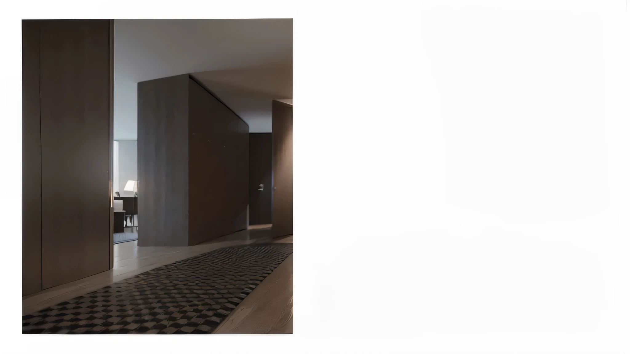 Hallway view with black and white plaid carpet, architectural visualization, unreal engine realistic render, detailed architectural visualization render, highly photographic rendering, photographic rendering, rendervray, Realistic Unreal Engine, Inspired by David Chipperfield, 使用Unreal Engine Rendering, vray rendering, Unreal Engine Rendering, Unreal Engine is highly rendered