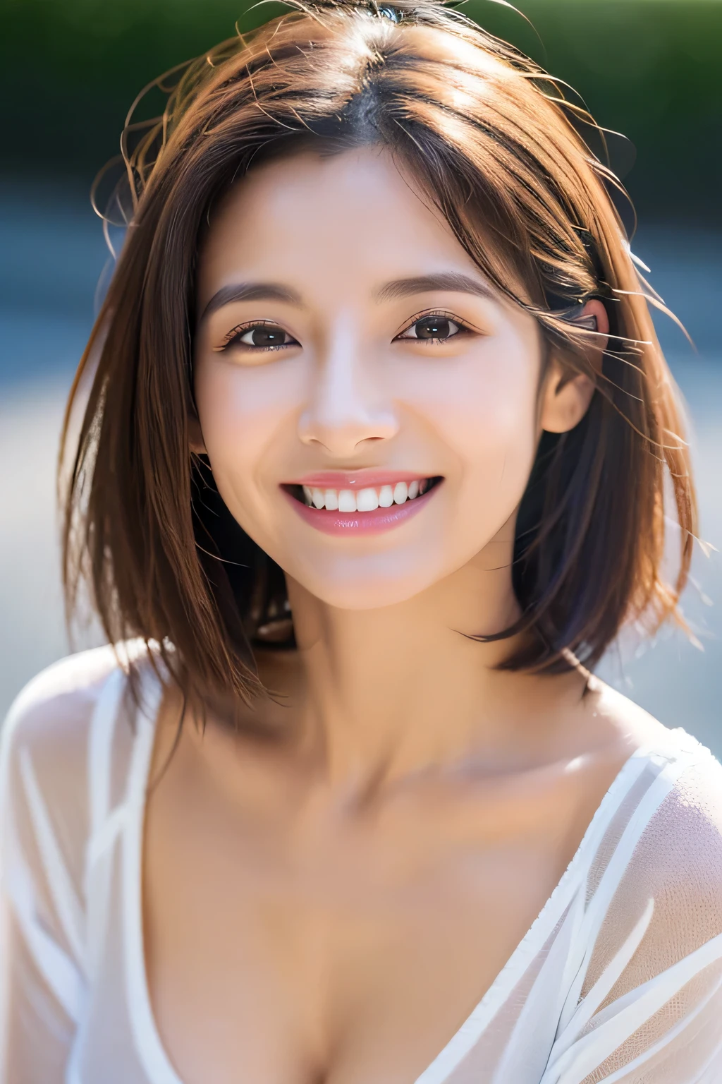8k、High resolution、close-up image、high nose、narrow eyes、skinny、no makeup、the smile you show to your lover、sexy eyes、white skin、transparent skin、slimming、cute smile、wrinkles around the eyes、Vertical plane、transparent skin、Idol、short hair、shiny hair、Fashion Model、small breasts、Lighting to illuminate the face