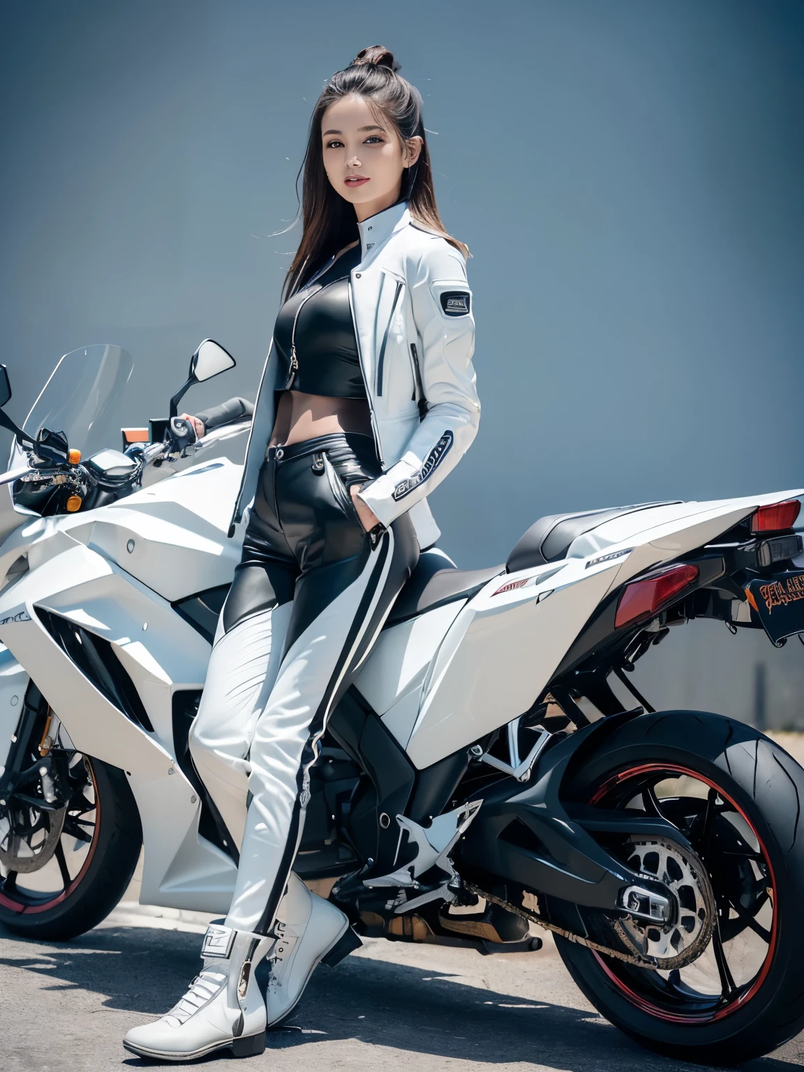 ((highest quality, 8K, masterpiece: 1.3)), sharp: 1.2, perfect body beauty: 1.4,(((Woman on motorcycle))),slender body,((White long-sleeved motorcycle jacket and black long pants)),Highly detailed face and skin texture,((full body shot)),Natural light,smile、Rider Boots、long legs