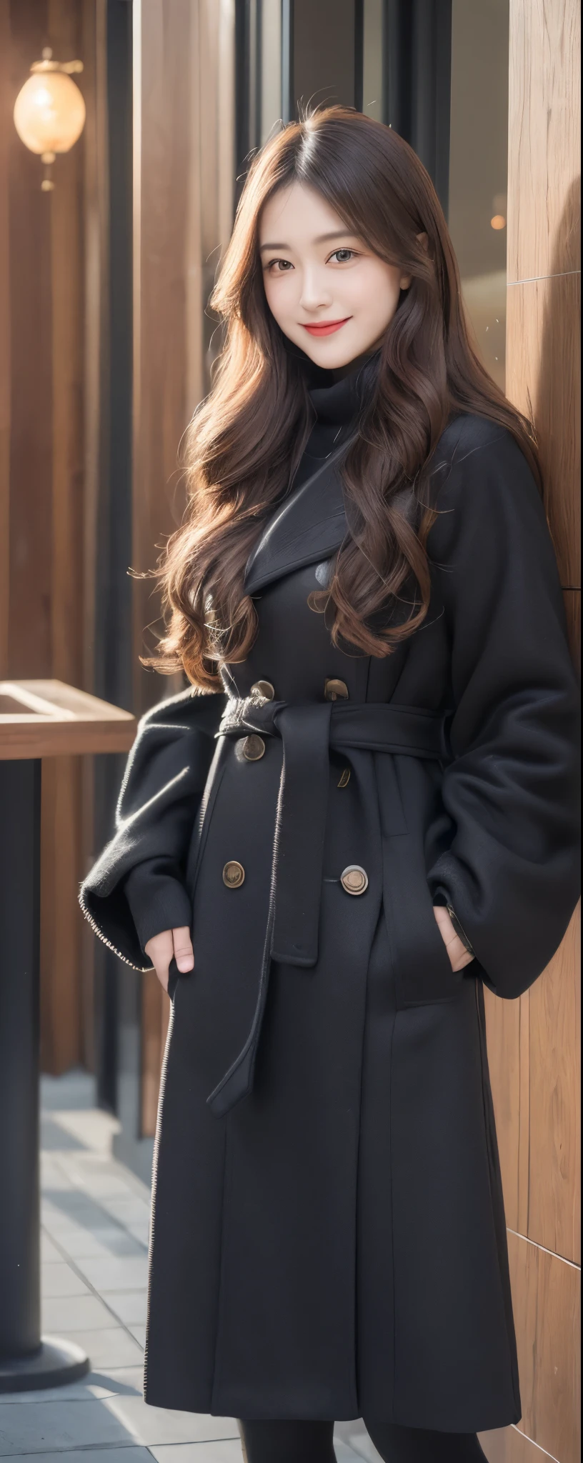 (8k, RAW photos, top quality, masterpiece: 1.2, ultra detailed, super resolution, real photos: 1.37), (Full body photo), 1 noble elegant Japanese lady, (standing contrapposte), winter season, ((black color coodinate, wearing over-size nouton coat, winter fluffy scarf, grey long skirt, legging, wearing long boots)), Shiny, Smile, Looks like 1.8 meters tall, large pelvis, Large breasts, big cuvy hips, Thin waist, Long legs, skin hyper-detail, 20 years old, Perfect face, (Detailed facial features), Wavy hair, Daylight, winter season, snazzy cafe,