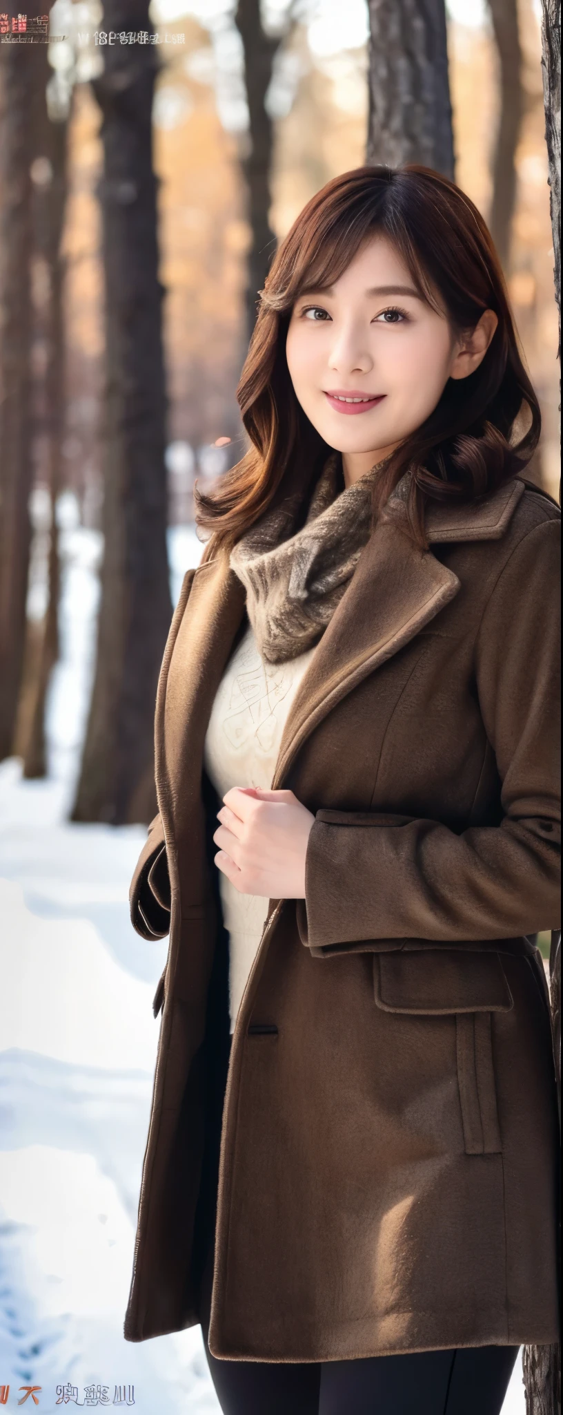 (8k, RAW photos, top quality, masterpiece: 1.2, ultra detailed, super resolution, real photos: 1.37), (Full body:1), 1 noble elegant Japanese lady, (standing contrapposte), winter season, ((black color coodinate, wearing over-size nouton coat, winter fluffy scarf, grey long skirt, legging, wearing long boots)), Shiny, Smile, Looks like 1.8 meters tall, large pelvis, Large , big cuvy hips, Thin waist, Long legs, skin hyper-detail, 20 years old, Perfect face, (Detailed facial features), Wavy hair, Daylight, winter season, snazzy cafe,