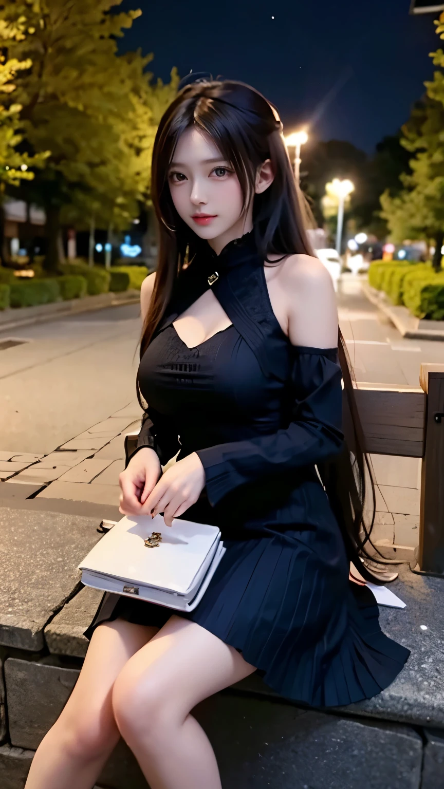 (masterpiece, highest quality), 1 girl(athena_Asamiya), Cute Dresses, long black hair, sitting, Beautiful outdoor background, night, forest