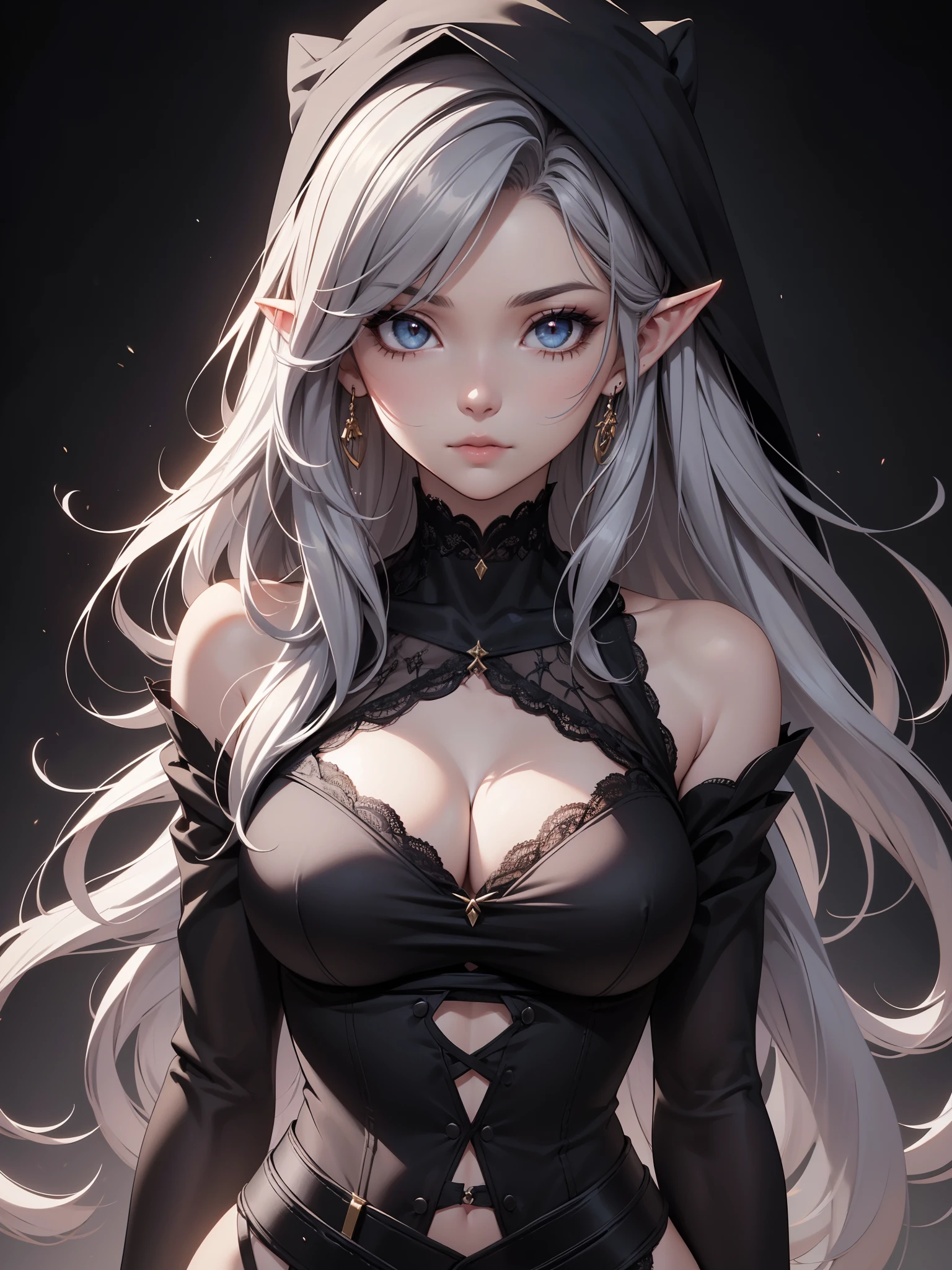 White elf girl, dark grey hair color, very long flowing hair, grey eye color, small eyes, realistic human eye shape, round eye shape, eyeliner, realistic face shape. black lace low cut lace shirt, portrait, wearing a black hood, black background, chest showing, NSFW, Depth of Field. looking at camera, dreamy look detailed eyes, detailed face, detailed skin, Ultra Detailed, Beautiful and Aesthetic, Masterpiece, Best Quality, shoulders showing. lace fabric, round chin shape. wearing black hood over hair. showing full upper body and face. wearing a black hood. hips showing, alot of flairs in background, zoomed out, hips exposed, black and gold. Glowing