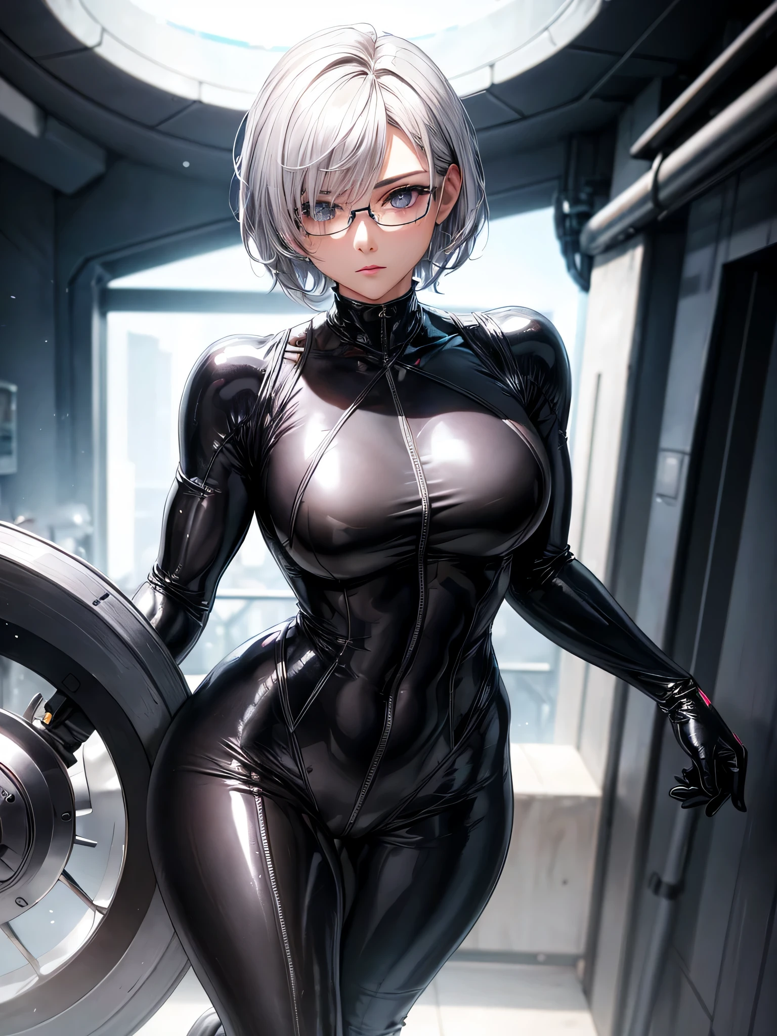 Top quality 8K UHD、short hair、pieces fly、cute eyes、silver hair、Glasses、logic、Full body gloss、Beautiful woman wearing a full-body black metallic suit、A black rubber suit that hides your lustrous skin